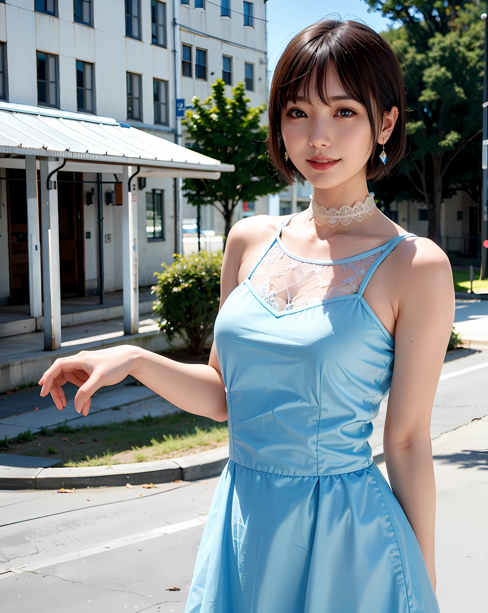 Woman posing on street corner in light blue dress, top quality, girl 1 person, sun, bright, blurred background, bokeh, outdoor, (street: 0.8), (people, crowd: 1), (cropped with lace) dress: 1.5, sleeveless dress, light blue clothes, light blue high neck dress: 1.2, blue dress: 1.5), gorgeous (short hair, forehead: 1.2), beautiful sky in detail, earrings, (Dynamic Pose: 1.2), (Upper body: 0.8), soft lighting, wind, shiny skin, smile,