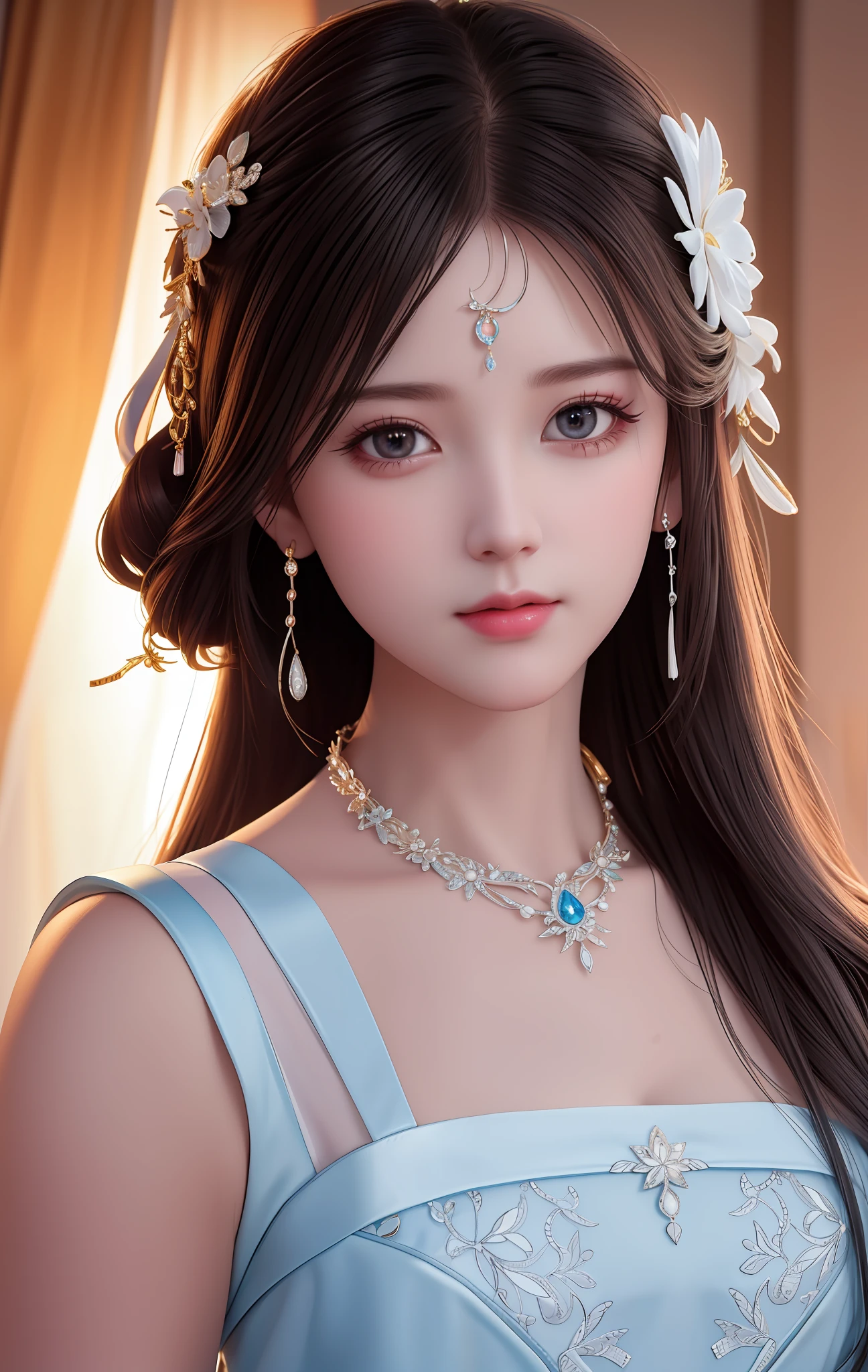 Best Quality, Masterpiece, High Resolution, 1 Girl, Porcelain Dress, Hair Accessories, Necklace, Jewelry, Beautiful Face, Physical, Tyndall Effect, Realistic, Dark Studio, Rim Lighting, Duotone Lighting, (High Detail skin: 1.2), 8k uhd, DSLR, soft light, high quality, volumetric light, sneak shot, photo, high resolution, 4k, 8k, bokeh