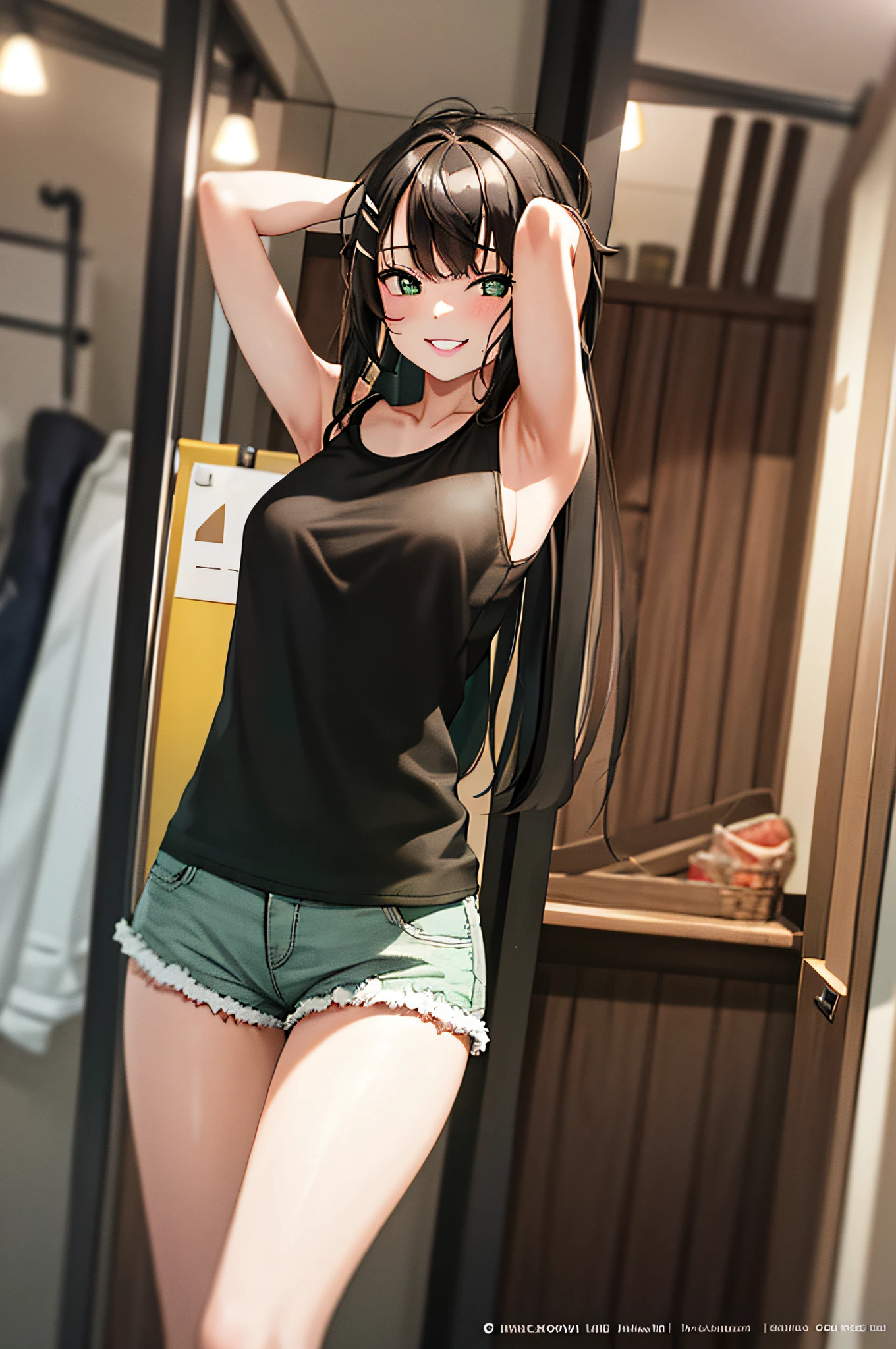 masterpiece, best quality, 1girl, long hair, middle breasts,shorts, tank top, green eyes, hair ornament, hair clip, parted lips, smile,park