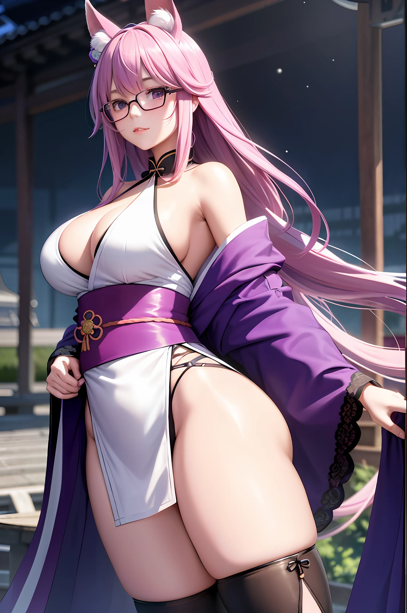 Masterpiece, best quality, multiple girls, breasts, 2girls, Yae witch, Raiden shogun, purple eyes, pink hair, Japanese clothing, purple hair, big breasts, long hair, cleavage, hair accessories, thighs, purple kimono, stockings, bangs, animal ears, sleeve removal, fox ears, wide sleeves, kimono, moon, weapons, braids, (kbxll: 0.8), glasses