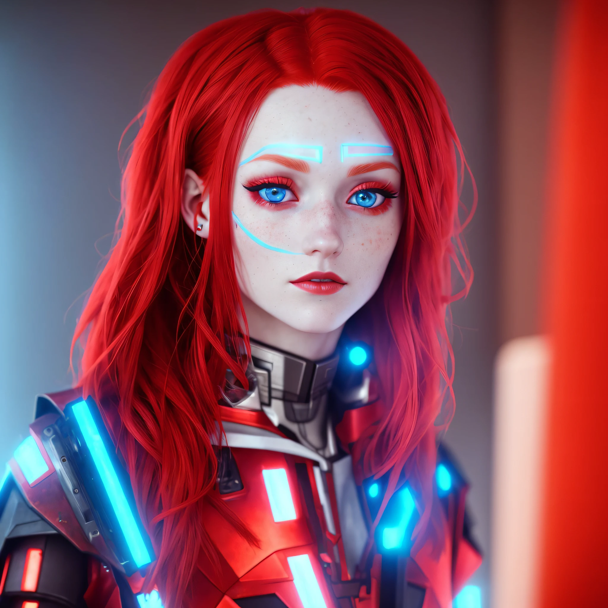 a close up of a person with red hair and blue eyes, female redhead templar, redhead female cyberpunk, realistic artstyle, she has red hair, blue eyes, dystopian sci-fi character, inspired by Lydia Field Emmet, pale skin, freckles, long hair, solo, red lipstick, eyelashes