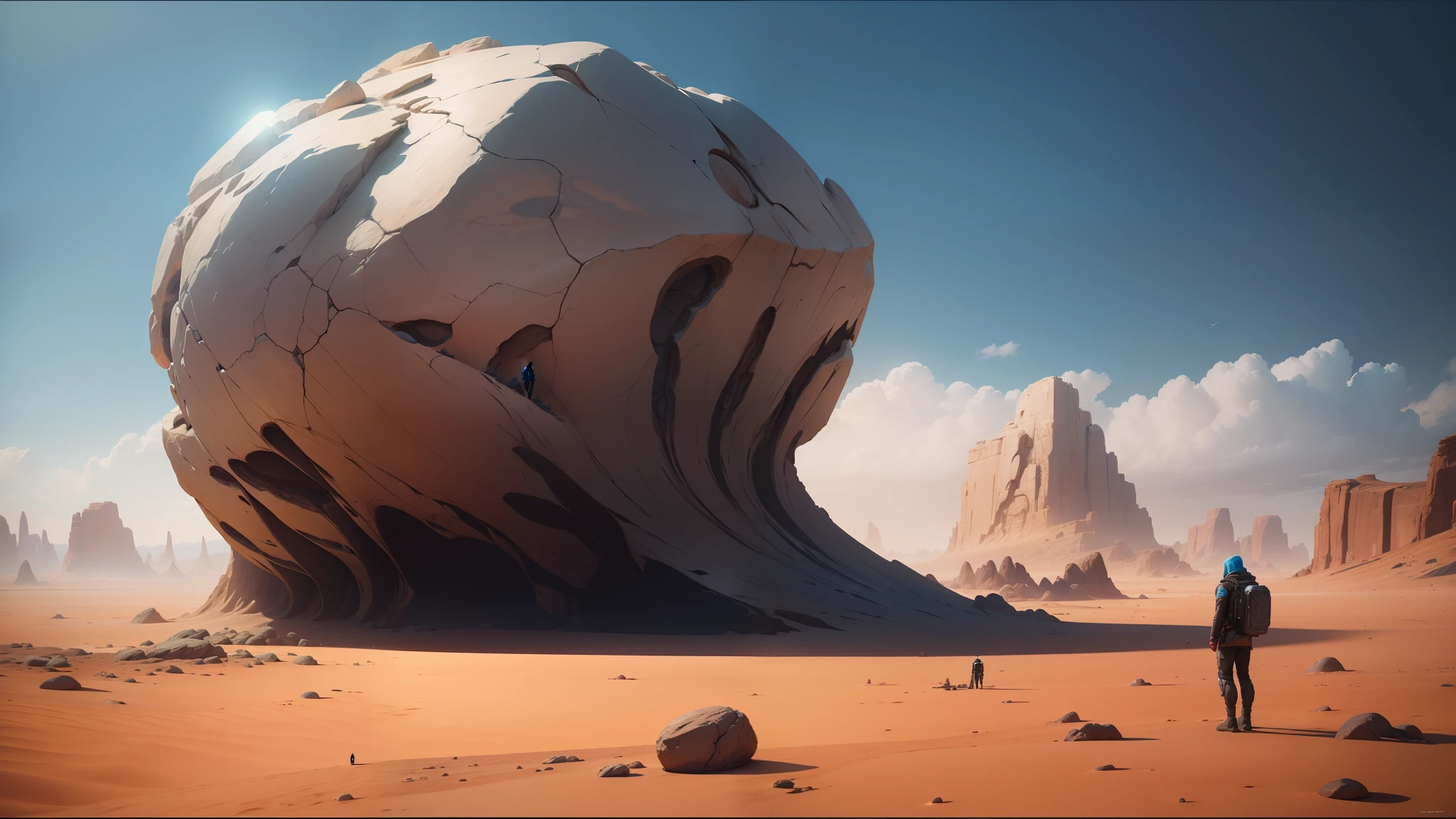 there is a man standing in front of a huge rock in the desert, unreal engine 5 », jodorowsky's dune movie, ash thorp, inspired by Moses van Uyttenbroeck, in style of photogrammetry cloud, surrealisme aesthetic, anamorphic illustration, the artist has used bright
