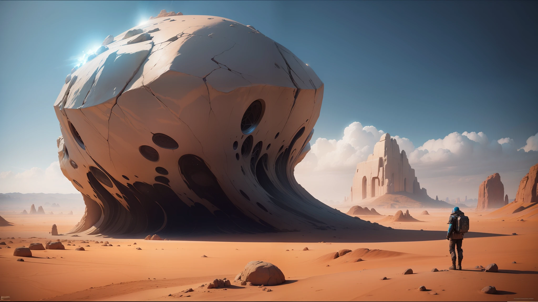 there is a man standing in front of a huge rock in the desert, unreal engine 5 », jodorowsky's dune movie, ash thorp, inspired by Moses van Uyttenbroeck, in style of photogrammetry cloud, surrealisme aesthetic, anamorphic illustration, the artist has used bright