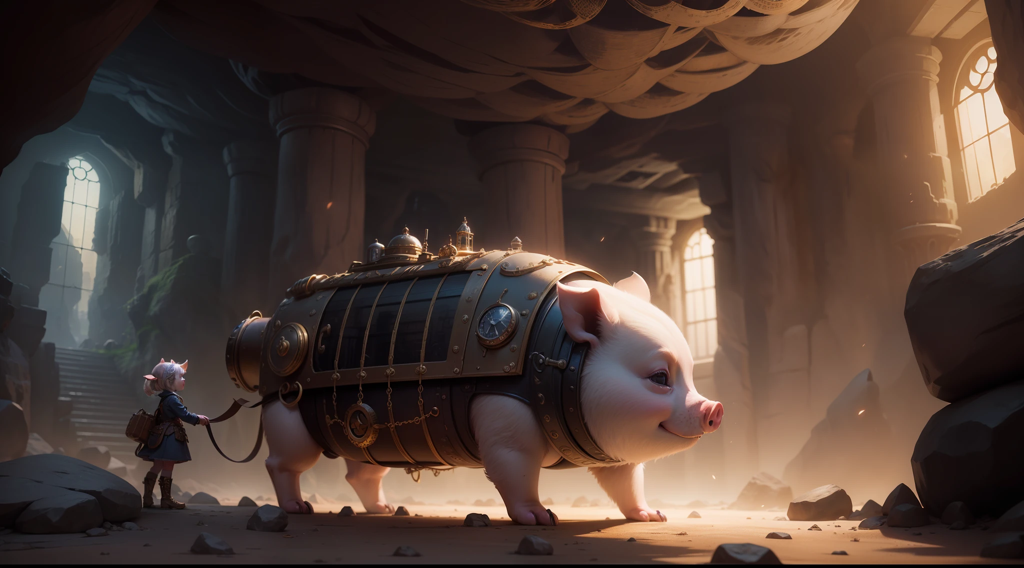 /imagine prompt: illustration of In the cave, a Steampunk piglet and a little girl stood in front of the time machine ,A beautiful little girl with long pig ears::15, Time machine::15, cave::13, Steampunk Piglet::15, rule of thirds composition::5, Bottom view::10, Unreal Engine::10, beautiful lighting::10, Dramatic light::8, Cinematic light::12, Fantasy::12, hyper quality::5, Ancient Temple::10, Steampunk::13, cinematic::6 --seed 33434521 --s 400 --q 2 --c 40