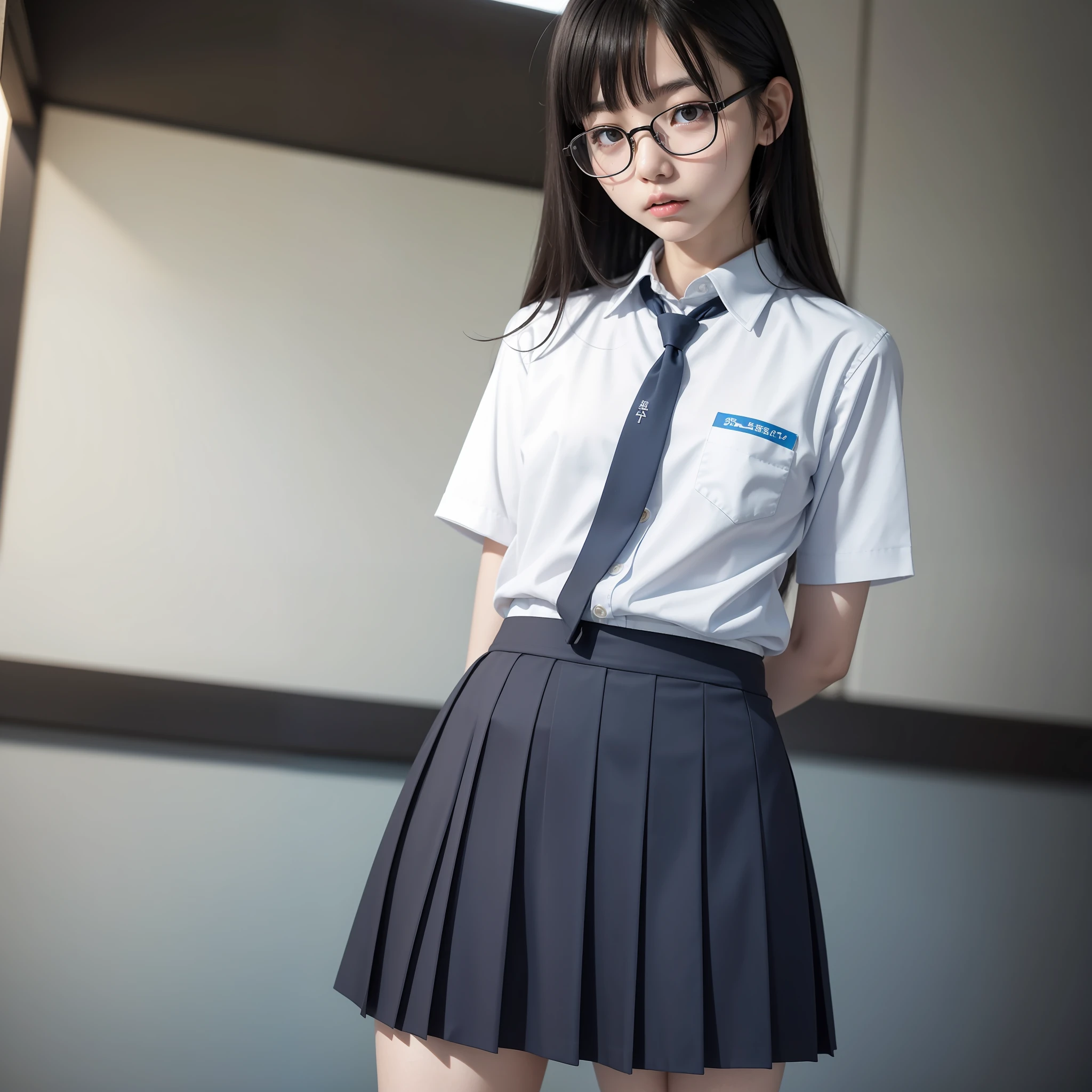 Raw photo, Candid, textured skin, 1 girl,solo, full-body, (medium hair:1.2), pale skin, Japan person, glasses, small, young, tall, dark look, bright black eyes, narrow eyes, angry, school uniform, blue and light blue checked skirt, slender body, medium build, small waist, wide thighs, photorealistic, best quality, 8k, masterpiece