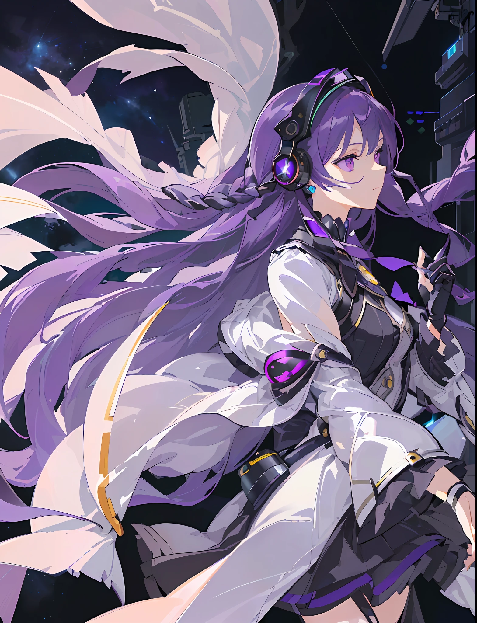 (((masterpiece,best quality,an extremely delicate and beautiful,illustration))), 1 girl, Long braided hair, dark-purple hair, purple eyes,detailed face,(from side,medium long shot),1girl,lorra,  headphones,(((clouds:0.3),multiple_luna,(floating_fortress technology machinery),night sky background)),(cyberpunk_aerospace_helmet)
