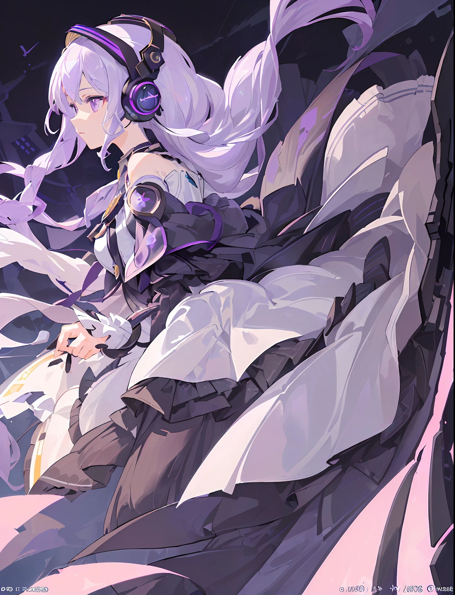 (((masterpiece,best quality,an extremely delicate and beautiful,illustration))), 1 girl, Long braided hair, dark-purple hair, purple eyes,detailed face,(from side,medium long shot),1girl,lorra, headphones,(((clouds:0.3),multiple_luna,(floating_fortress technology machinery),night sky background)),(cyberpunk_aerospace_helmet)