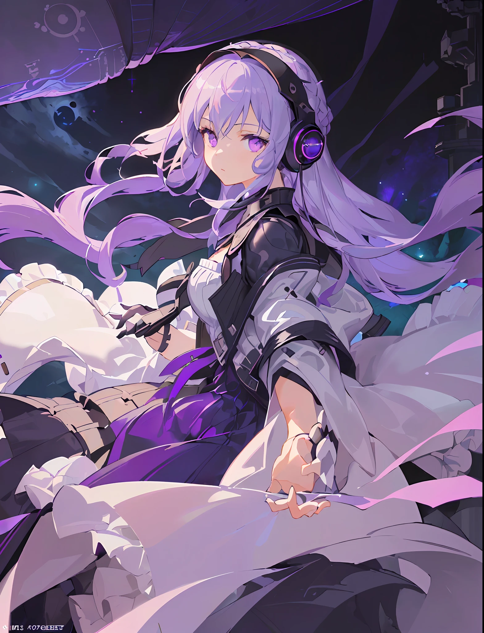 (((masterpiece,best quality,an extremely delicate and beautiful,illustration))), 1 girl, Long braided hair, dark-purple hair, purple eyes,detailed face,(from side,medium long shot),1girl,lorra, headphones,(((clouds:0.3),multiple_luna,(floating_fortress technology machinery),night sky background)),(cyberpunk_aerospace_helmet)