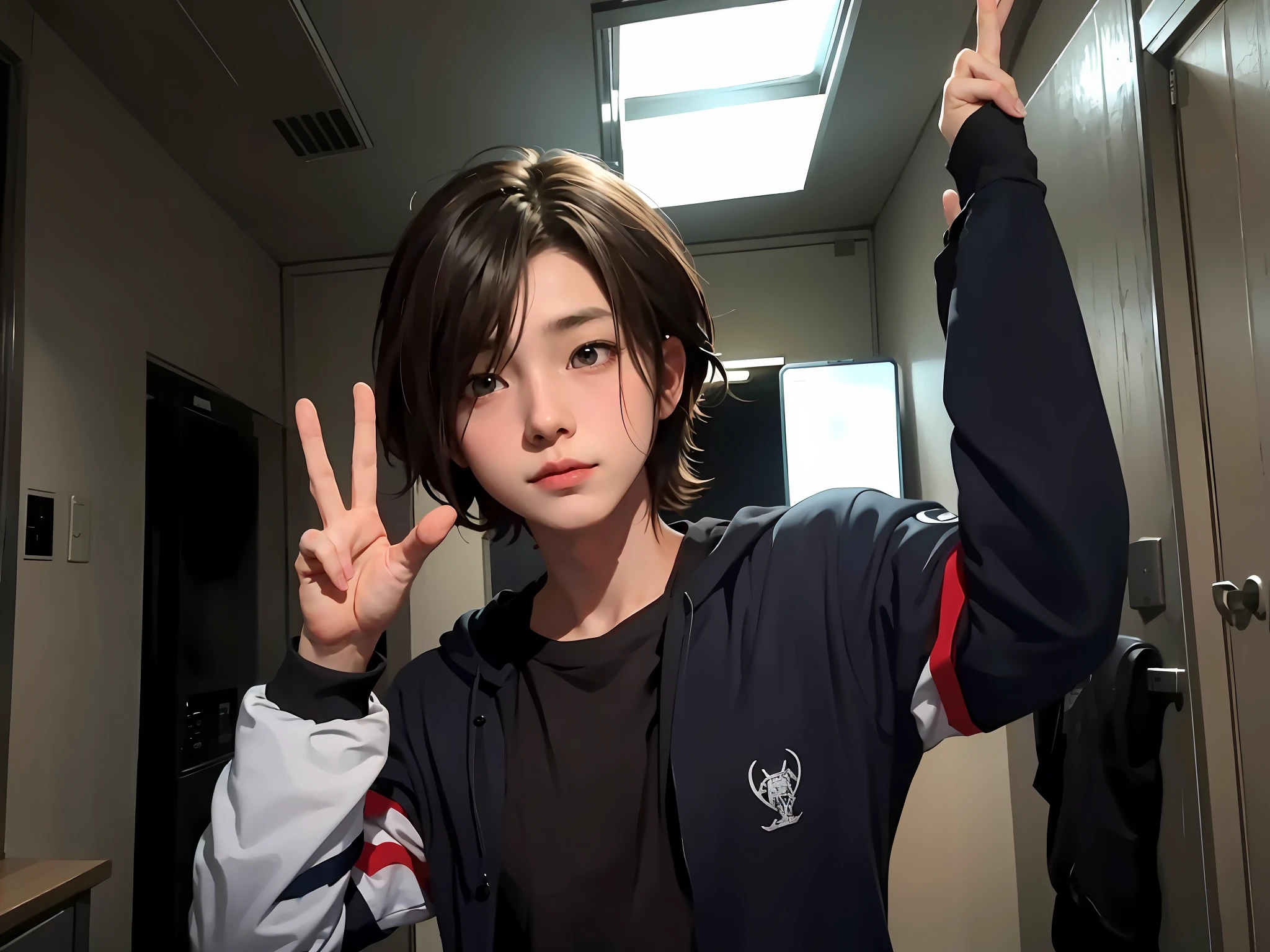 There is a man standing in a room making peace signs, anime male protagonists, cute