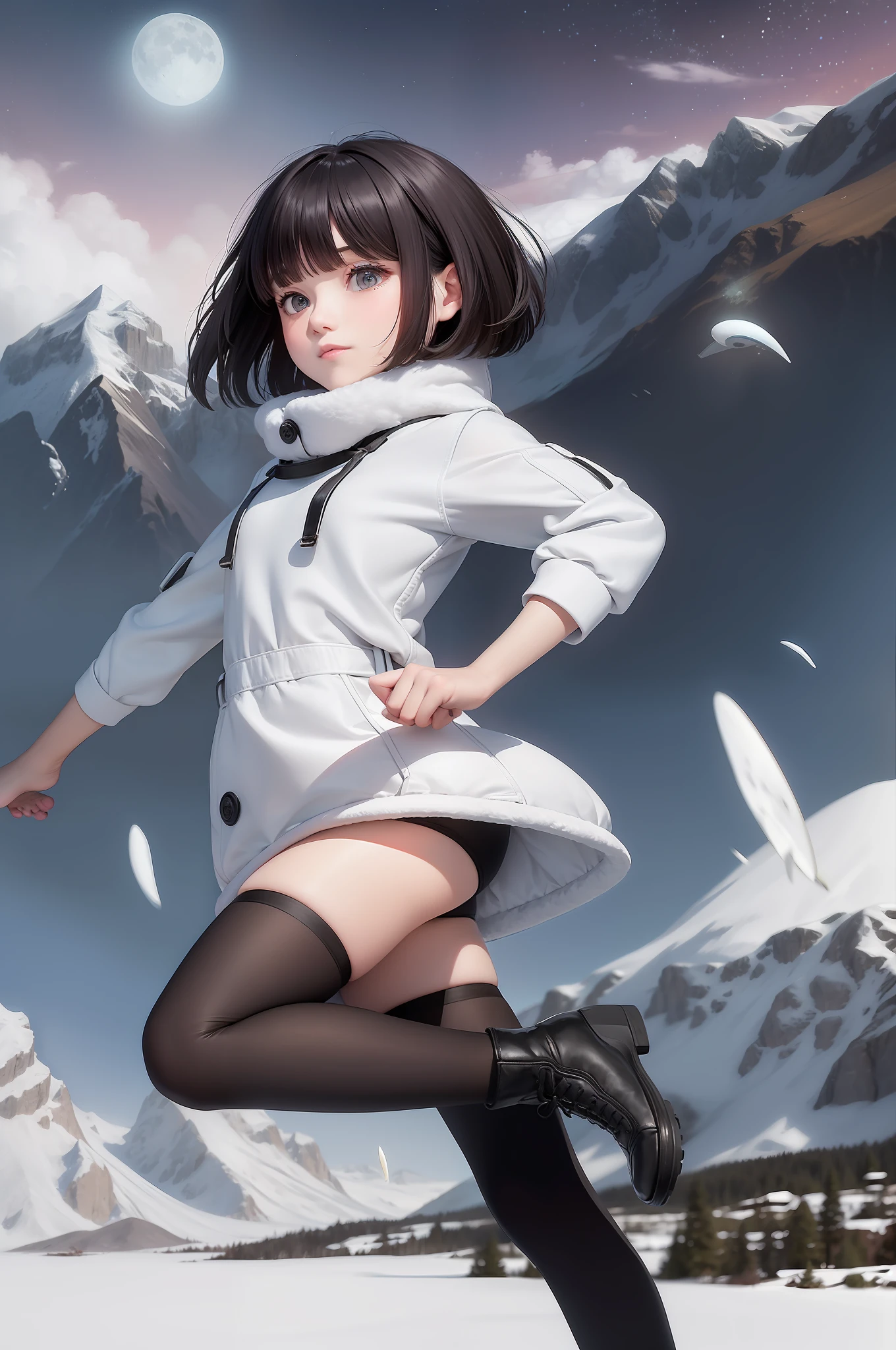 young  girl flying/floating over a snow field, mountains in the background, bobcut black hair, wearing winter clothing, boots, dark stockings, two moons in the background, magic circle underneath her feet.