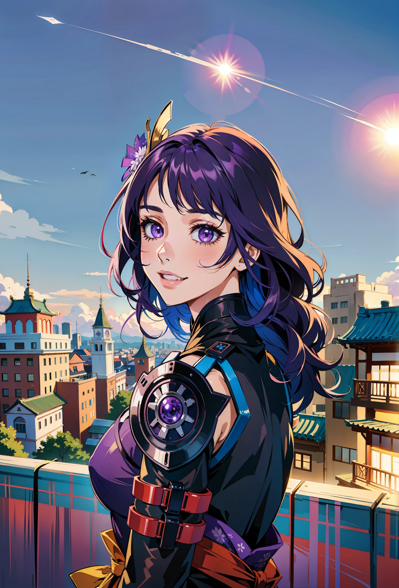 (masterpiece),(best quality:1.0), (ultra highres:1.0), detailed illustration, 8k, anime, 1girl, beautiful anime girl, Girl, Raiden Shogun, Purple eyes, detailed eyes, purple hair, detailed hair, shoulder exposure, shoulder smooth texture latex, coquettish smile, anime feel, evil devil, {blackening}, {teasing smile}, detailed, anime style, best quality