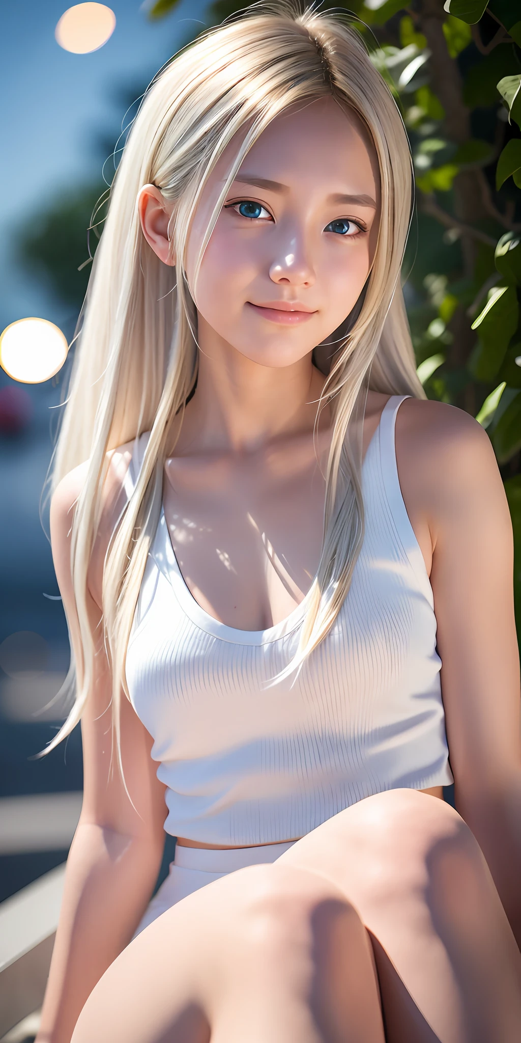girl, medium, blonde, silver, random facial expression, random hairstyle(8k, best quality, masterpiece:1.2), (realistic, photorealistic:1.37), ultra detailed, one girl,cute,solo,beautiful detailed sky, detailed café,sitting,dating,(red nose),(smile:1.15),(closed mouth),film grain, fujifilm XT3,( ulzzang-6500:0.3),, Model shooting style, nsfw,beautiful detailed eyes,(Medium long hair: 1.2),Floating hair ,NovaFrogStyle, White skin,cinematic lights, night street, street light
