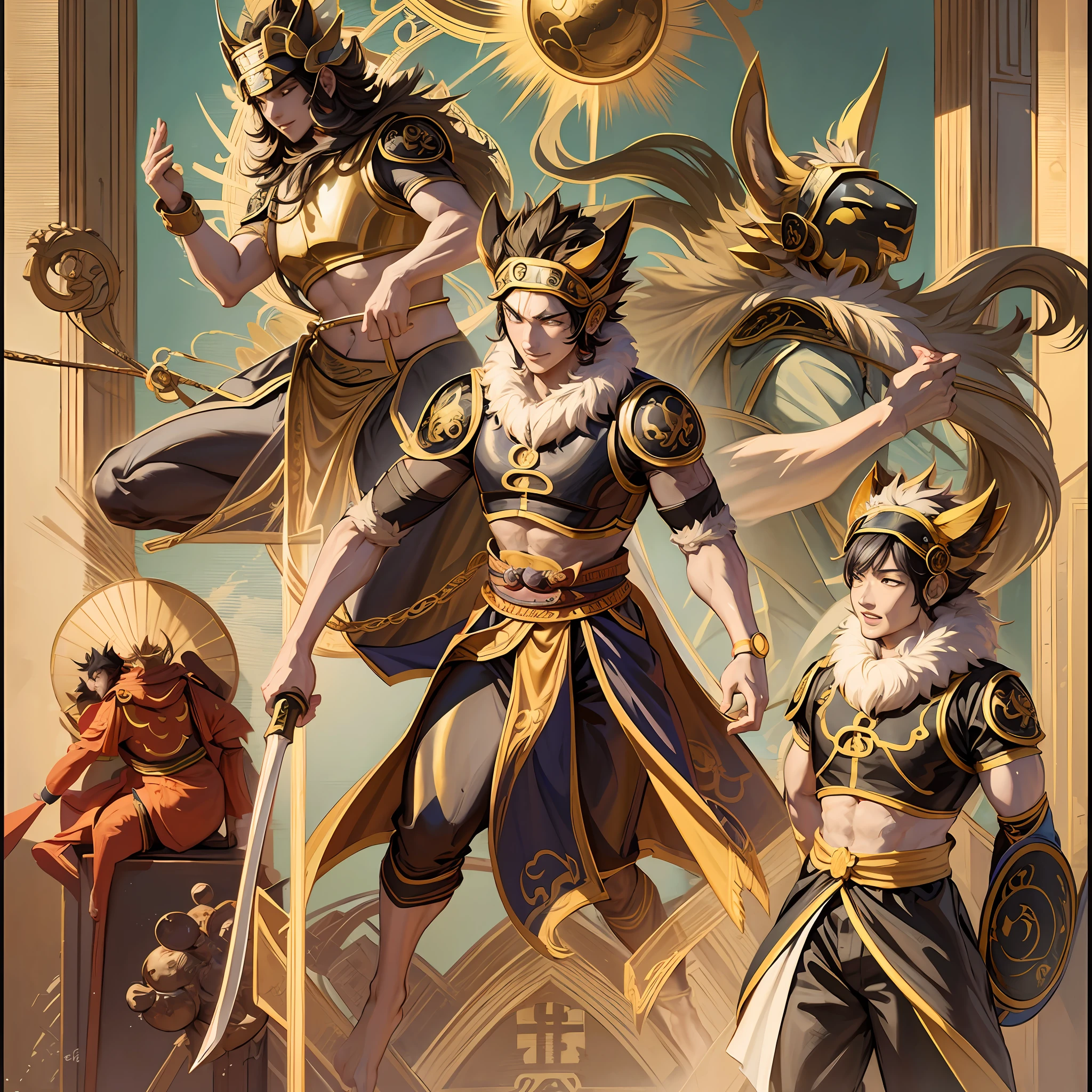 Protagonist: Qi Tian Great Saint Sun Wukong
Location: Heavenly Court South Heavenly Gate
Opponents: Four Heavenly Kings guarding the gate, Heavenly Soldiers and Heavenly Generals
Immortals who help: various immortals, Nezha, Erlang God, Rulai Buddha
Picture elements: You can draw the fierce battle between Sun Wukong and the four heavenly kings and heavenly soldiers and generals, or draw scenes of various immortals helping the battle, Nezha and Erlang God's viewing scenes, such as the picture elements of the Buddha's pocket
