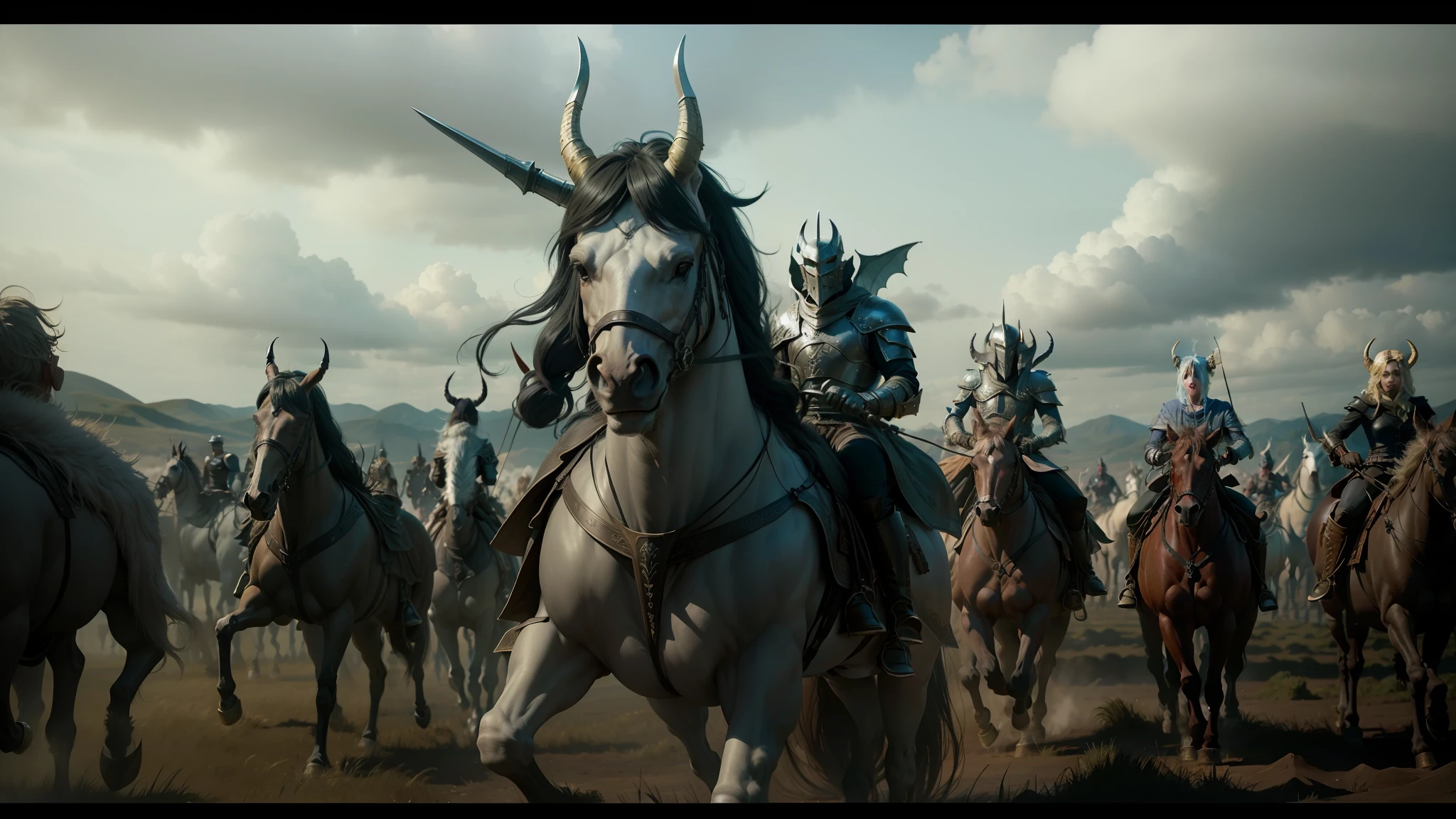 arafed group of men riding horses in a field with a sky background, karl urban as a dragonslayer, animatronics, george miller, unreal engine : : rave makeup, pictured from the shoulders up, curved horns!, award-winning cinematography, female lord of change, inspired by Dorothy Lockwood, epic 3 d oshun, weta