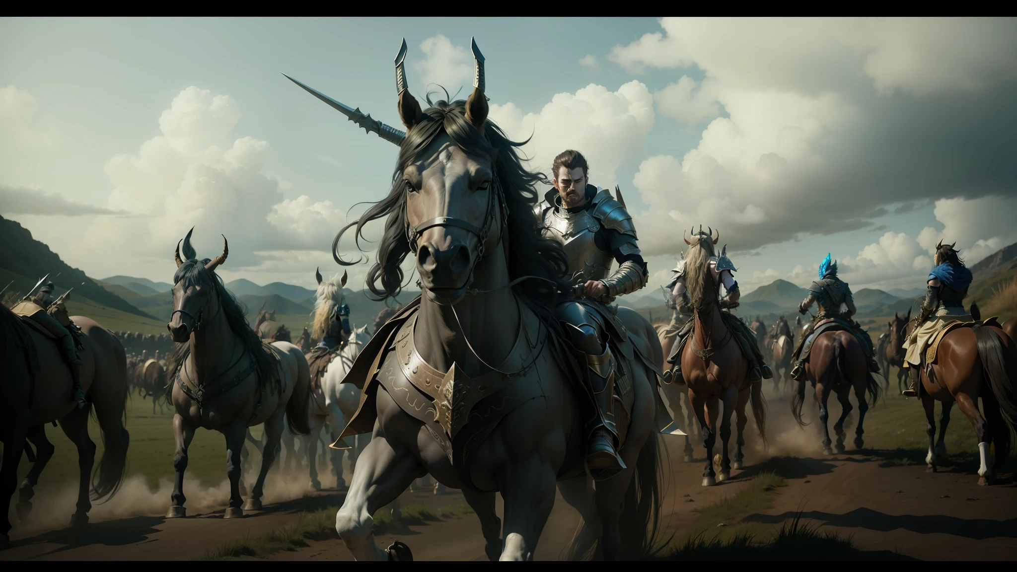 arafed group of men riding horses in a field with a sky background, karl urban as a dragonslayer, animatronics, george miller, unreal engine : : rave makeup, pictured from the shoulders up, curved horns!, award-winning cinematography, female lord of change, inspired by Dorothy Lockwood, epic 3 d oshun, weta