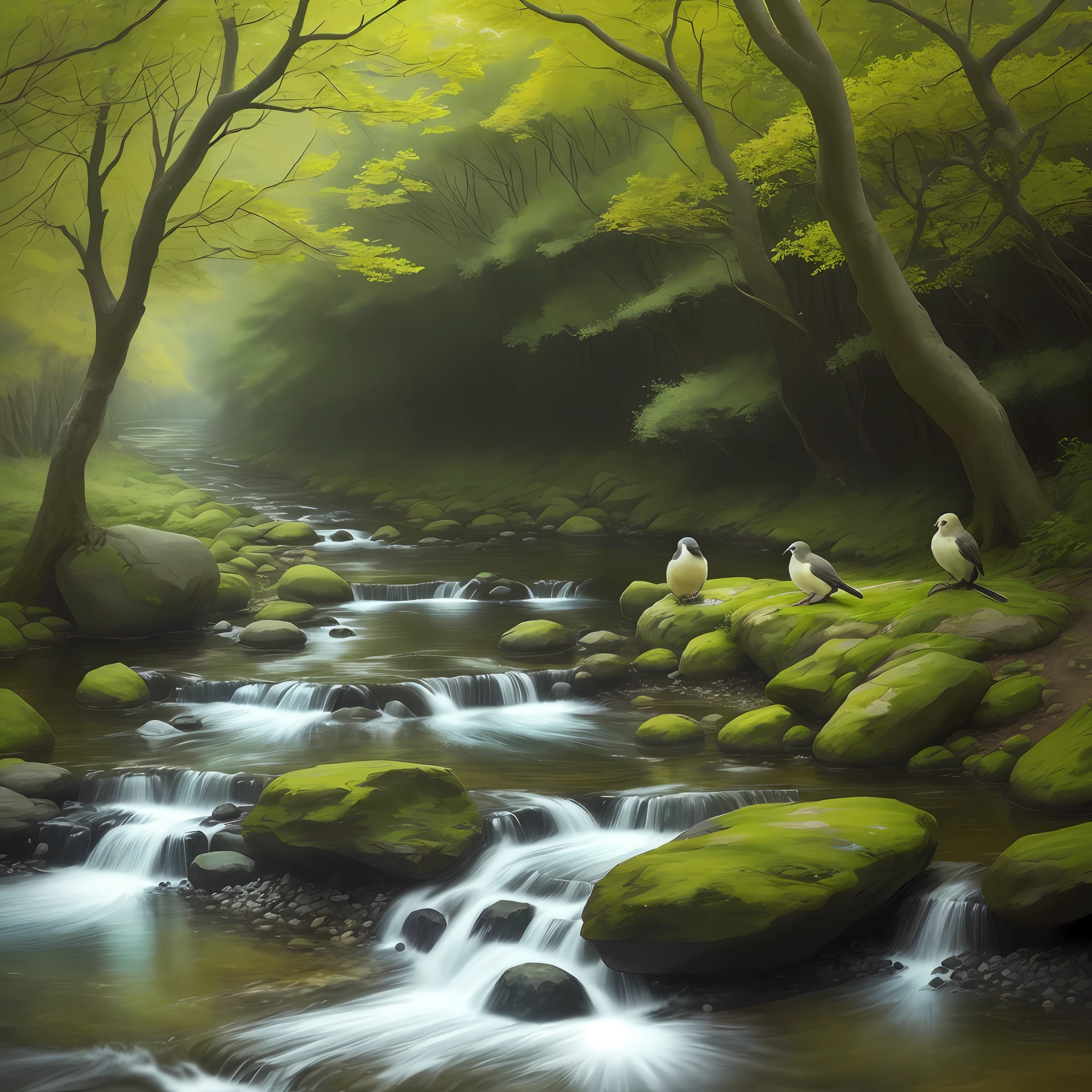 A peaceful place, a stream, trees beside the stream, two birds sitting on a branch, a small fishes in the stream