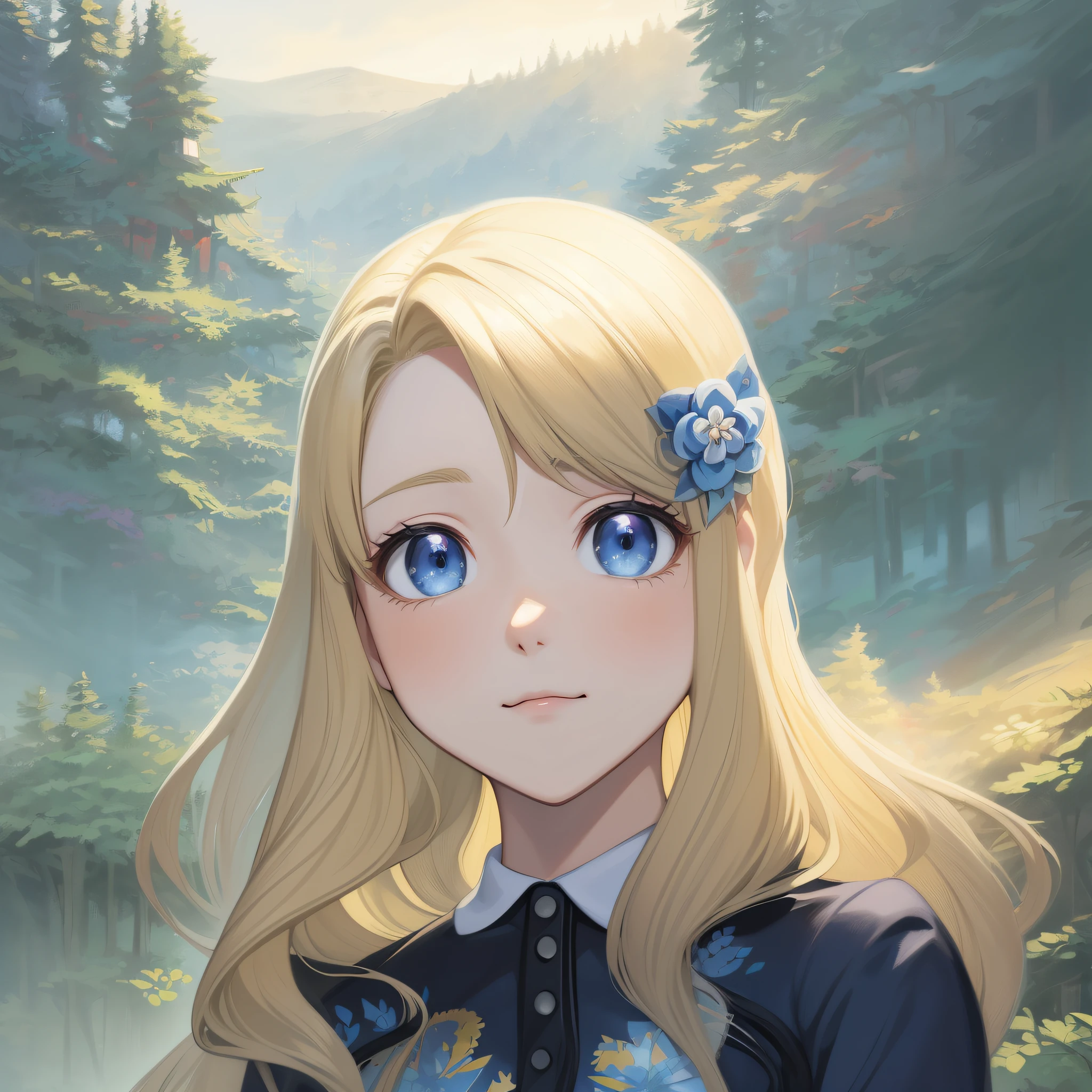 a cartoon girl with long blonde hair and gray-blue eyes standing in front of a forest, anime visual of a cute girl, anime visual of a young woman, blonde anime girl with long hair, portrait of ta, portrait of an anime girl, in an anime style, white woman wearing a collared floral dress, long blonde hair