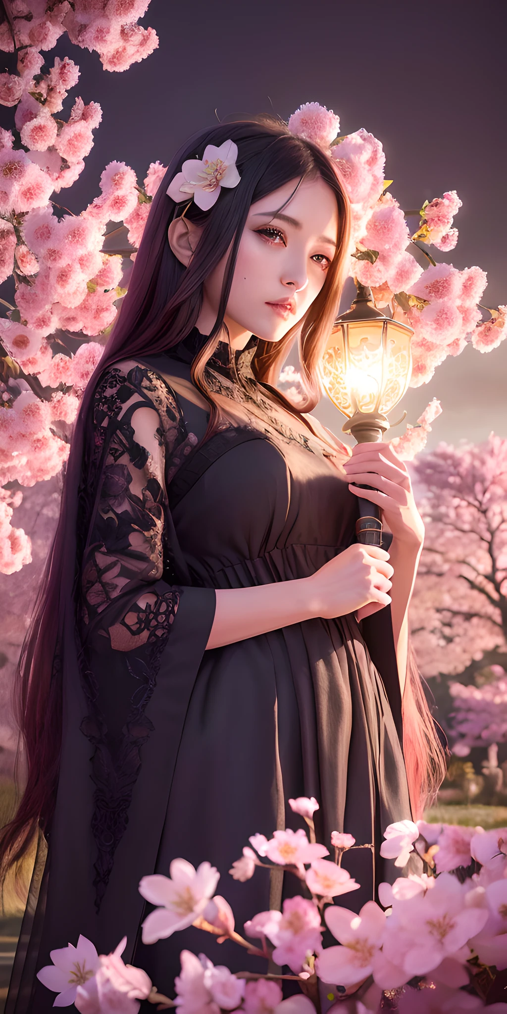 A flower by Casey Weldon, Olga Kvasha, Miho Hirano, hyperdetailed intricately detailed gothic art trending on Artstation triadic colors Unreal Engine 5 detailed matte painting, deep color, fantastical, intricate detail, splash screen, complementary colors, fantasy concept art, 8k resolution, gothic deviantart masterpiece, (dark shot:0.9), art by greg rutkowski and artgerm, soft cinematic light, adobe lightroom, photolab, hdr, intricate, highly detailed, pink cherry blossom