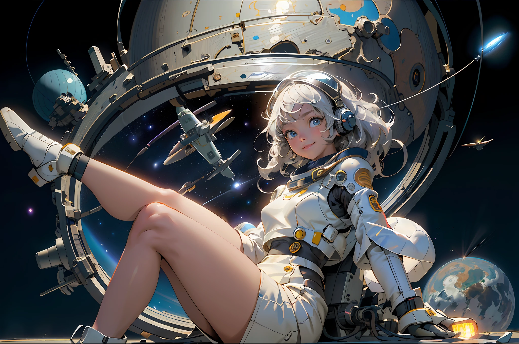 ((1girl,solo))absurdres, highres, ultra detailed, (1girl:1.3), (disheveled hair,beautiful detailed eyes,shiny oily skin:1.1),
smile or open mouse,
sitting in the cockpit of a spacecraft
many stars and numerous spacecraft moving around
giant stars, the sun, and the moon
spacecraft
astronaut
Robots and artificial intelligence devices
space helmet
comet
tangle of wires