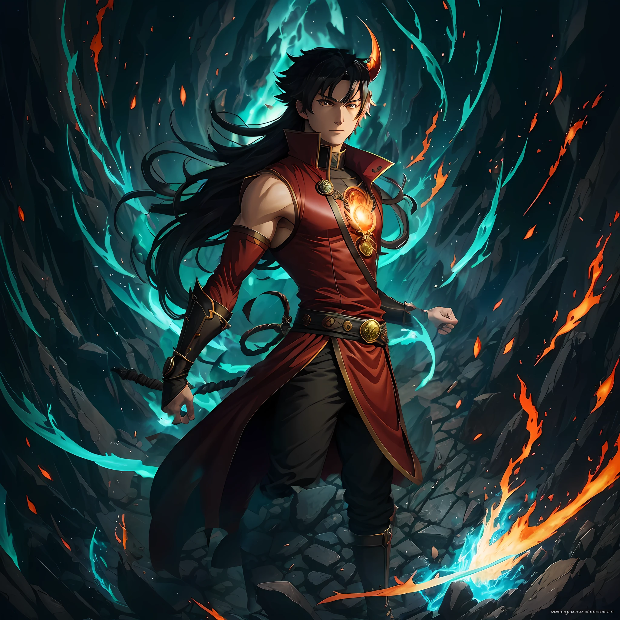 Male Fire Mage, Full Body, Top, Male Tiefling, Green Light Eyes, Black Long Hair, Fire in the Background, Shinkai Makoto Studio Ghibli Studio Key Hideaki Anno Sakimichan Stanley Artgerm Lau RossDrov James Jean-Marc Simonetti Elegant, highly detailed style Abigail Larson --auto --s2