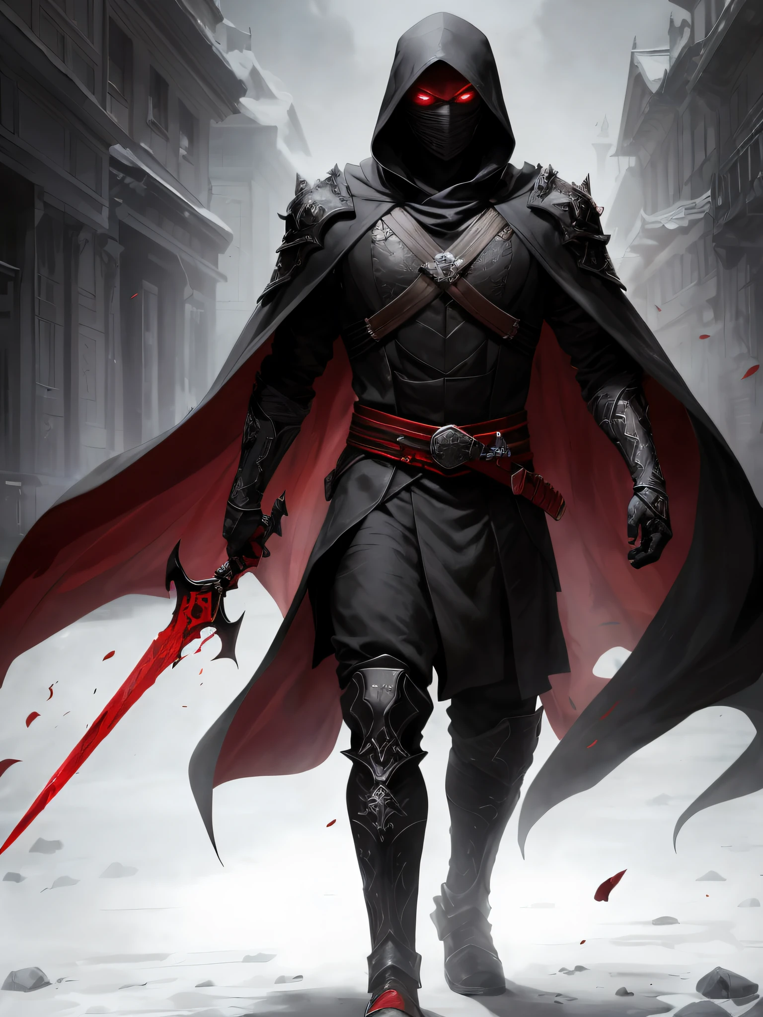 arafed image of a man in a hooded outfit with a sword, steel inquisitor from mistborn, ominous assassin, blood knight, thief warrior, guillem h. pongiluppi, assassin, dark fantasy character design, wearing leather assassin armor, litrpg novel cover, artgerm craig mullins, clothed in stealth armor, the omnipotent assassin