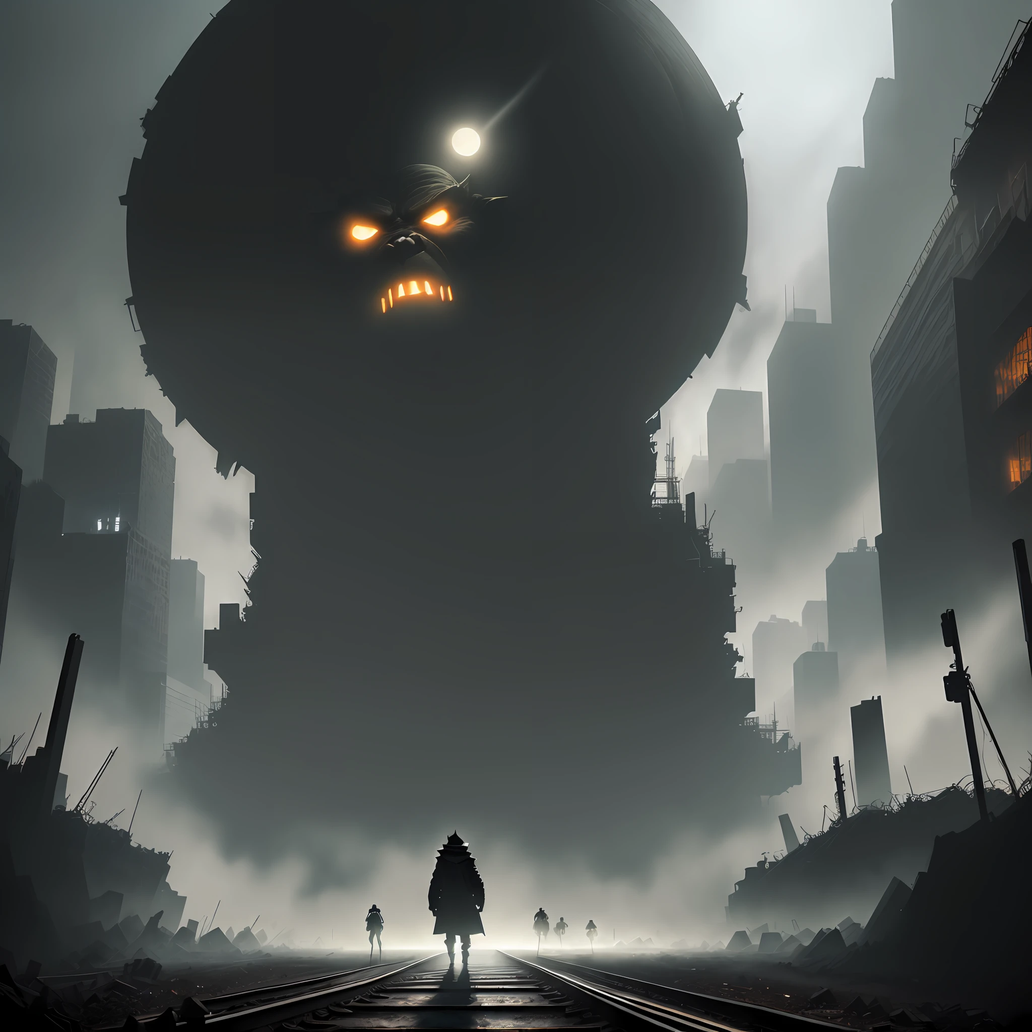 (((night))), (((dark))), ("Surrounded by giant ogres": 1.5), ("Scrapped and crushed subway trains": 0.7), Giant phobia, surrealism, ray tracing, film grain, projection illustration, Dutch angle, masterpiece, high quality, terrified atmosphere, minimalism, gore