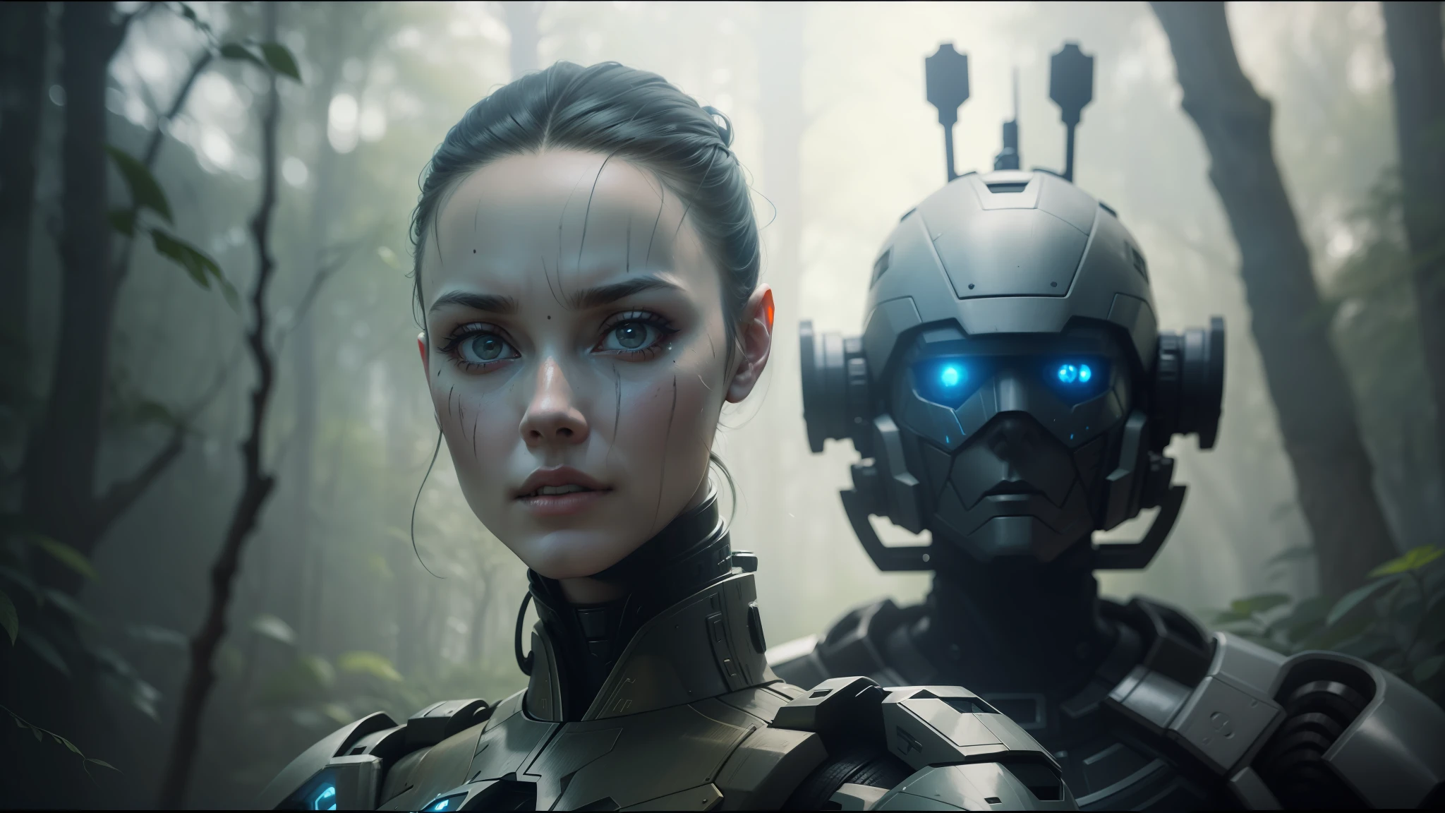 arafed woman in a futuristic suit and a robot in a forest, highly detailed vfx portrait, volodymyr zelensky at war, cyborg girl, inspired by Nikolai Yaroshenko, interconnected human lifeforms, still frame from a movie, by Sándor Brodszky, portrait of terminator, trending on artstattion