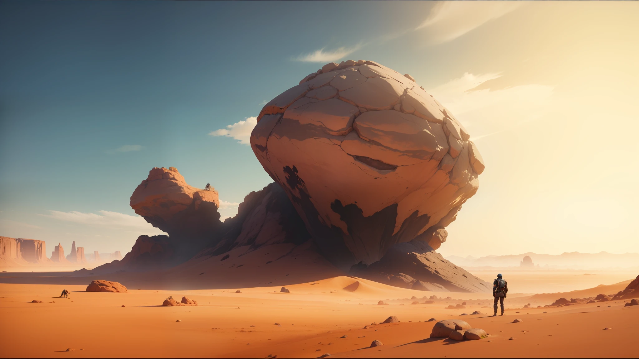 there is a man standing in the desert with a giant rock, unreal engine 5 showcase, panoramic anamorphic, 2019, inspired by Theodore Major, otherland, 2 0 1 9, tremors, landscape of africa, synthwave image, by Jules Chéret, by Jacob Pynas, the witness, blocktober