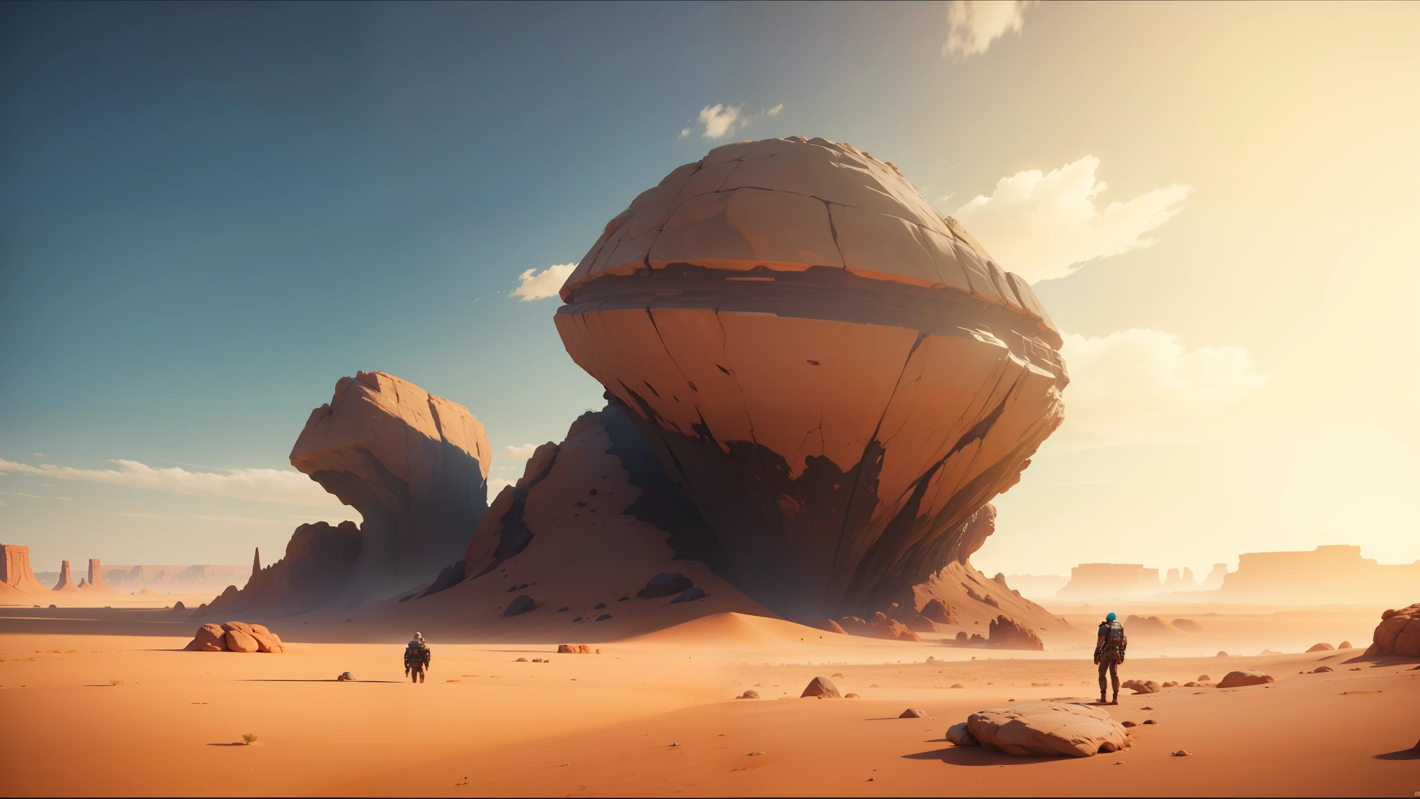 there is a man standing in the desert with a giant rock, unreal engine 5 showcase, panoramic anamorphic, 2019, inspired by Theodore Major, otherland, 2 0 1 9, tremors, landscape of africa, synthwave image, by Jules Chéret, by Jacob Pynas, the witness, blocktober