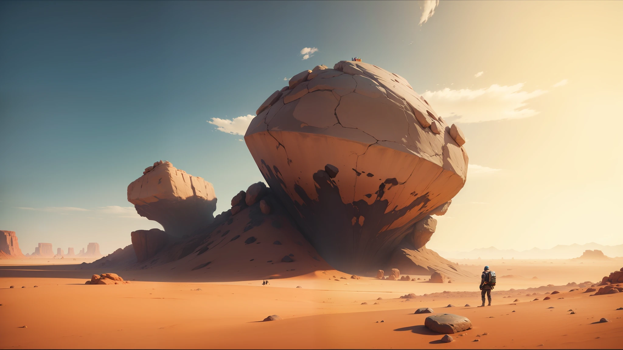 there is a man standing in the desert with a giant rock, unreal engine 5 showcase, panoramic anamorphic, 2019, inspired by Theodore Major, otherland, 2 0 1 9, tremors, landscape of africa, synthwave image, by Jules Chéret, by Jacob Pynas, the witness, blocktober