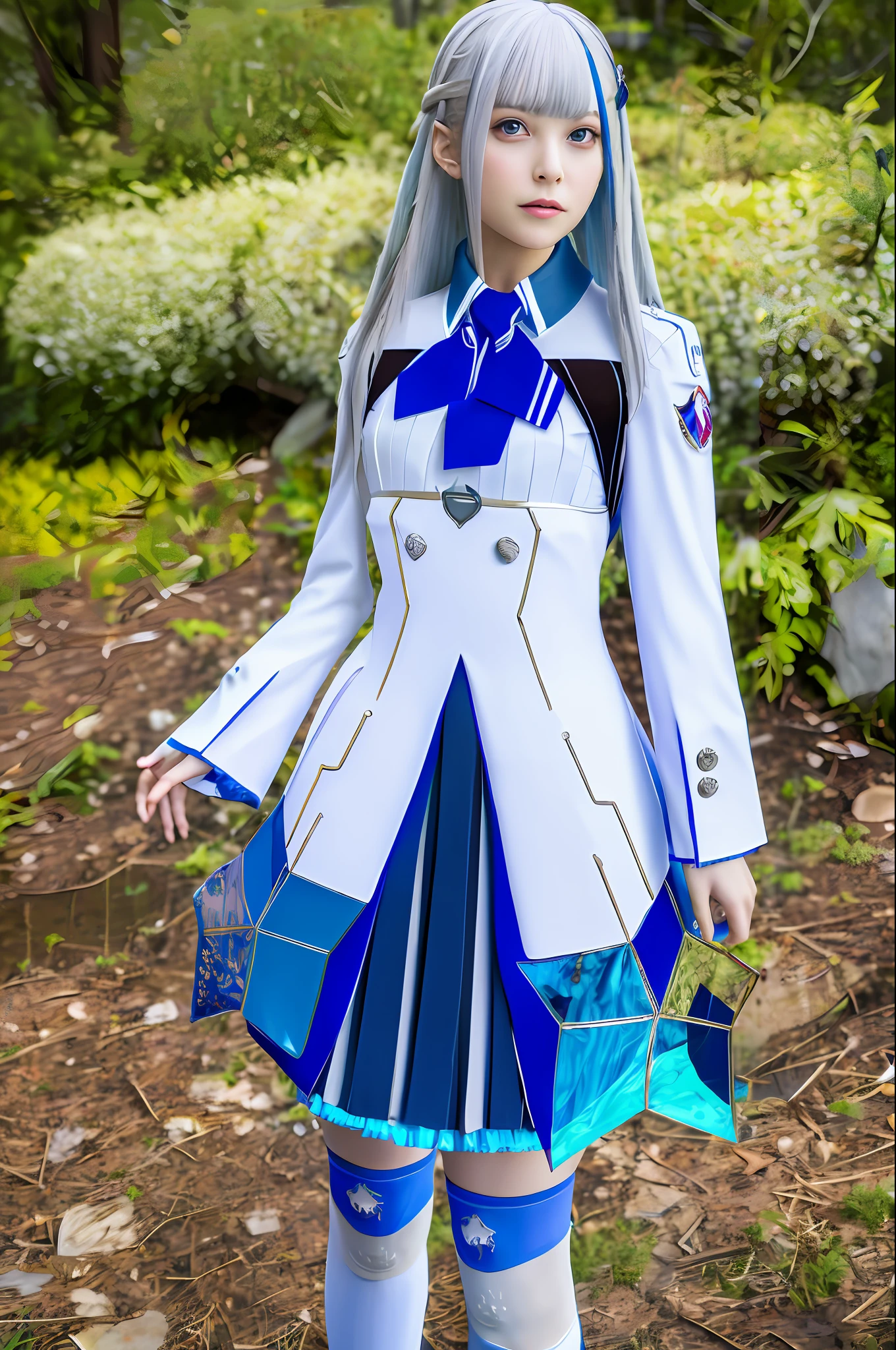 (Realistic, Photorealistic: 1.37),masterpiece, best quality, highres, lh1, hair ornamnet, thighhighs, long hair, long sleeves, pleated skirt, blue thighhighs, armband, frilled skirt, white jacket, white shirt, blue skirt, thigh strap, cowboy shot, pointing, outdoors