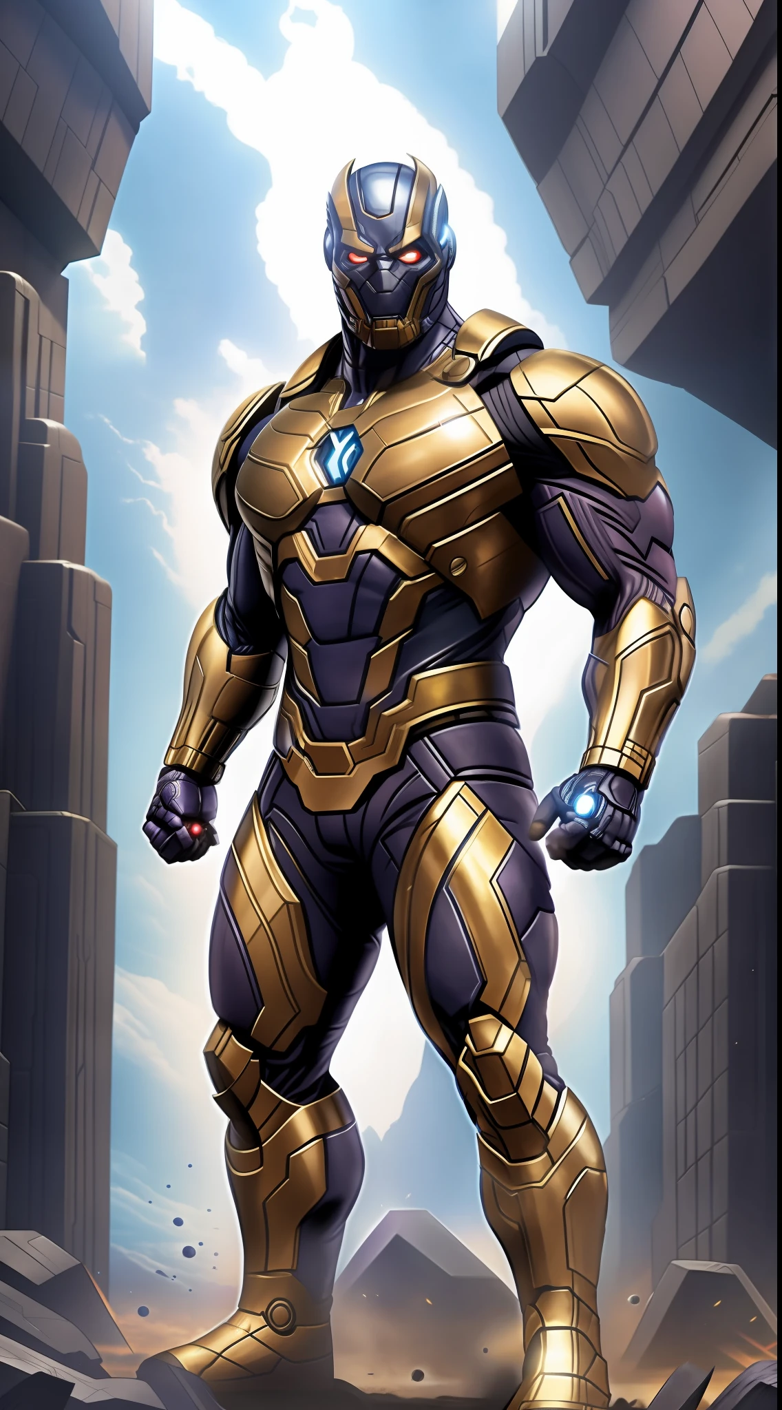 A boy, solo, Thanos, Darkseid, developed muscles, superhero, frontal, full-body, looking at the camera, facing the audience, standing pose, simple background, volumetric light, 8K, HD