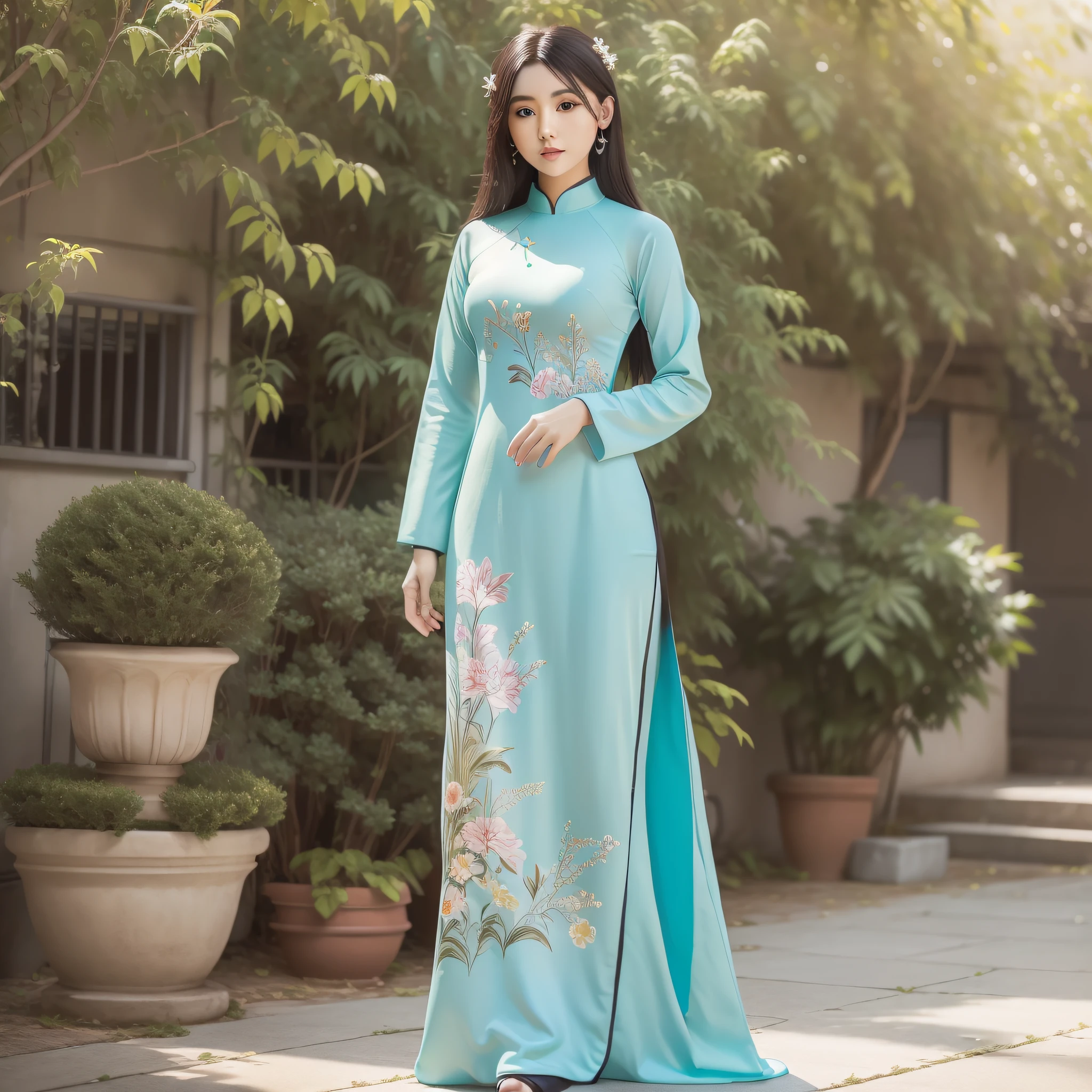 ((Best quality)), ((masterpiece)), (highly detailed:1.3), aodai, turquoise aodai, 1girl, beautiful girl, perfect face, small breast, perfect body, gorgeous face, stunning beauty, black hair, realistic, photorealistic, girl in aodai, stand, posing for photo, posing for aodai, outdoor, garden, flowers, stand, sunny day, sun light, full body portrait