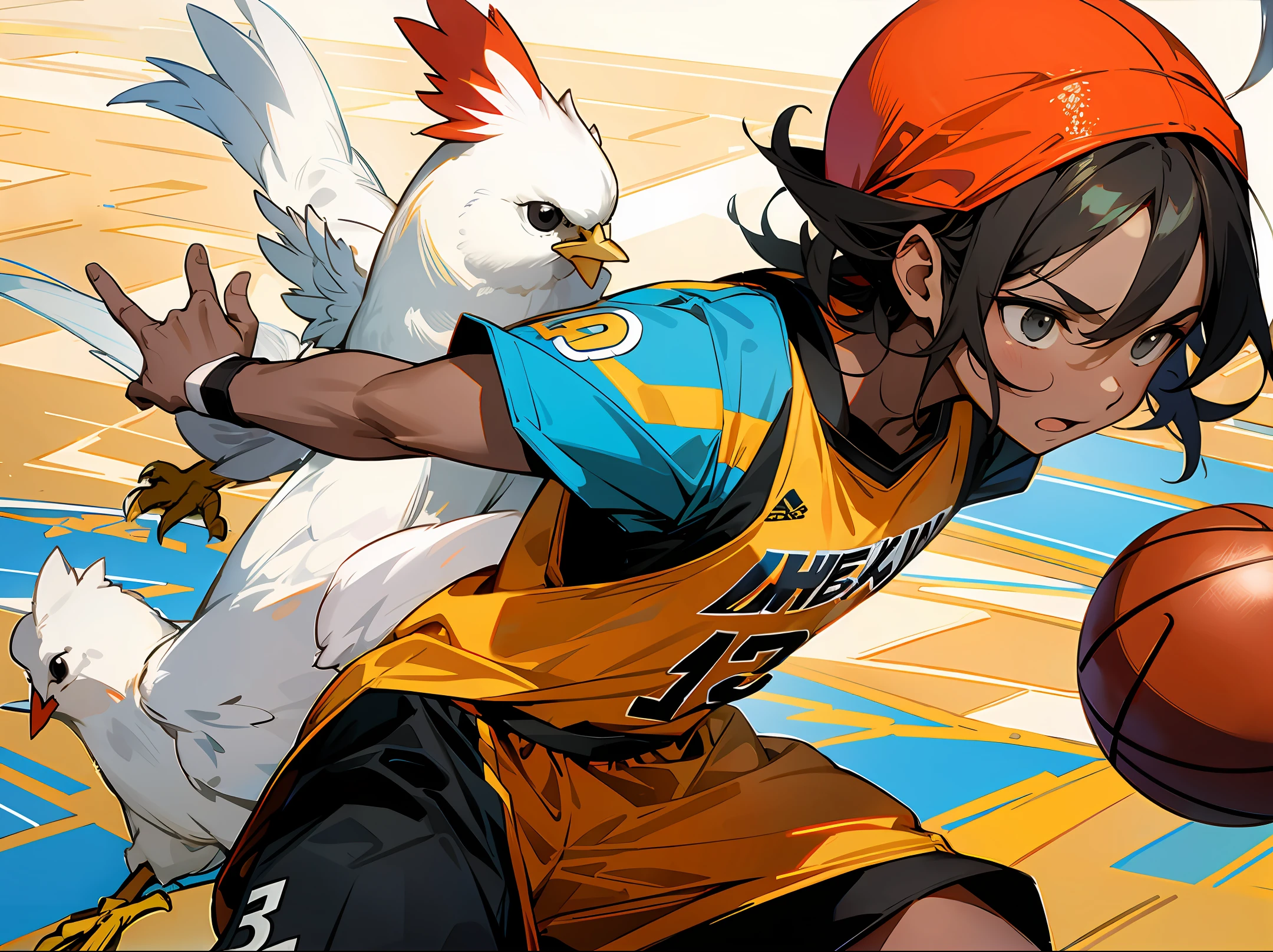A chicken playing basketball