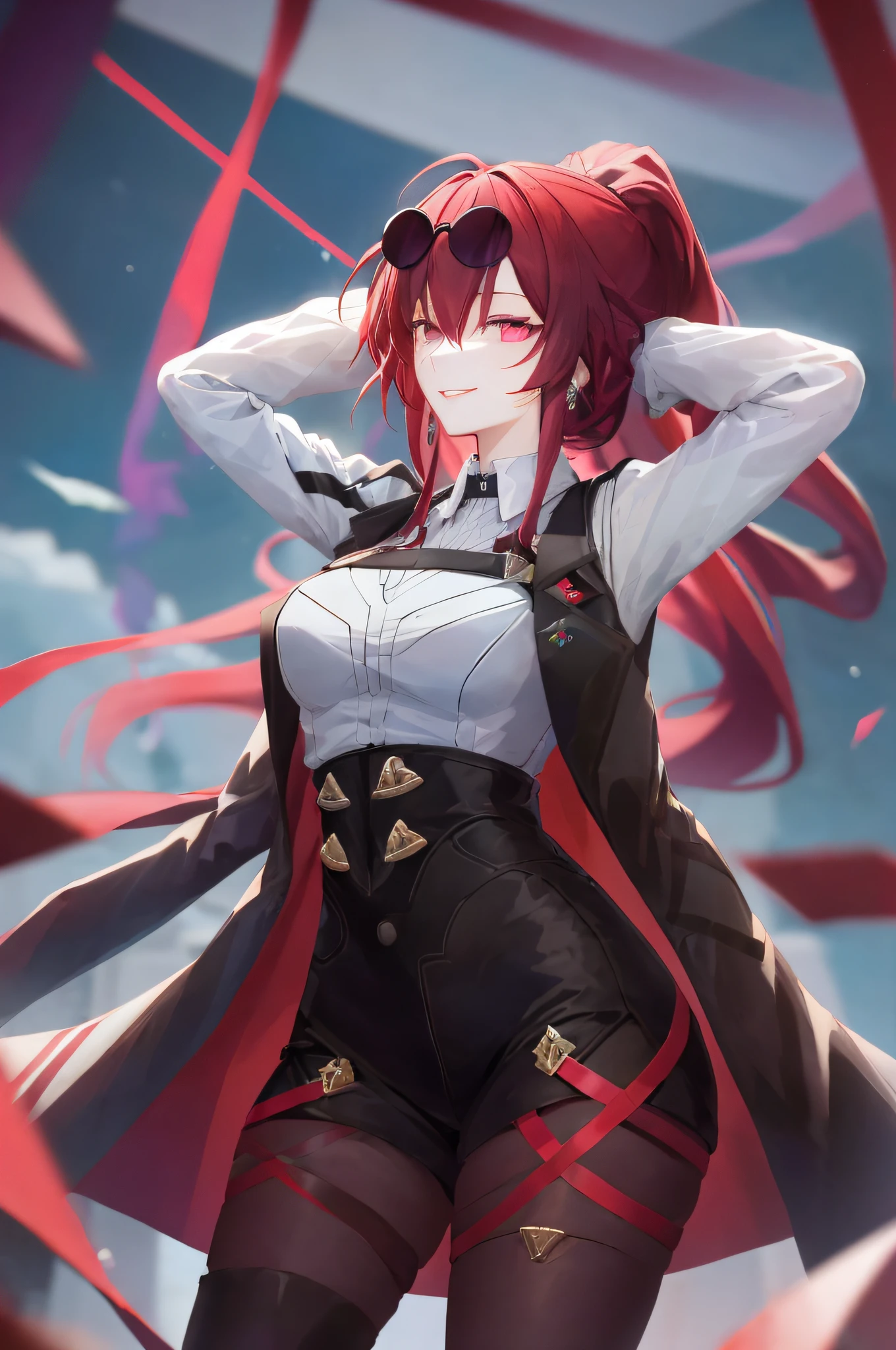 (dark_red_hair), long_hair, (ponytail), kafka hsr, breasts, smile, bangs, shirt, gloves, long_sleeves, purple_eyes, jacket, white_shirt, parted_lips, white_gloves, sunglasses, circle black eyewear on head, smoke, rain