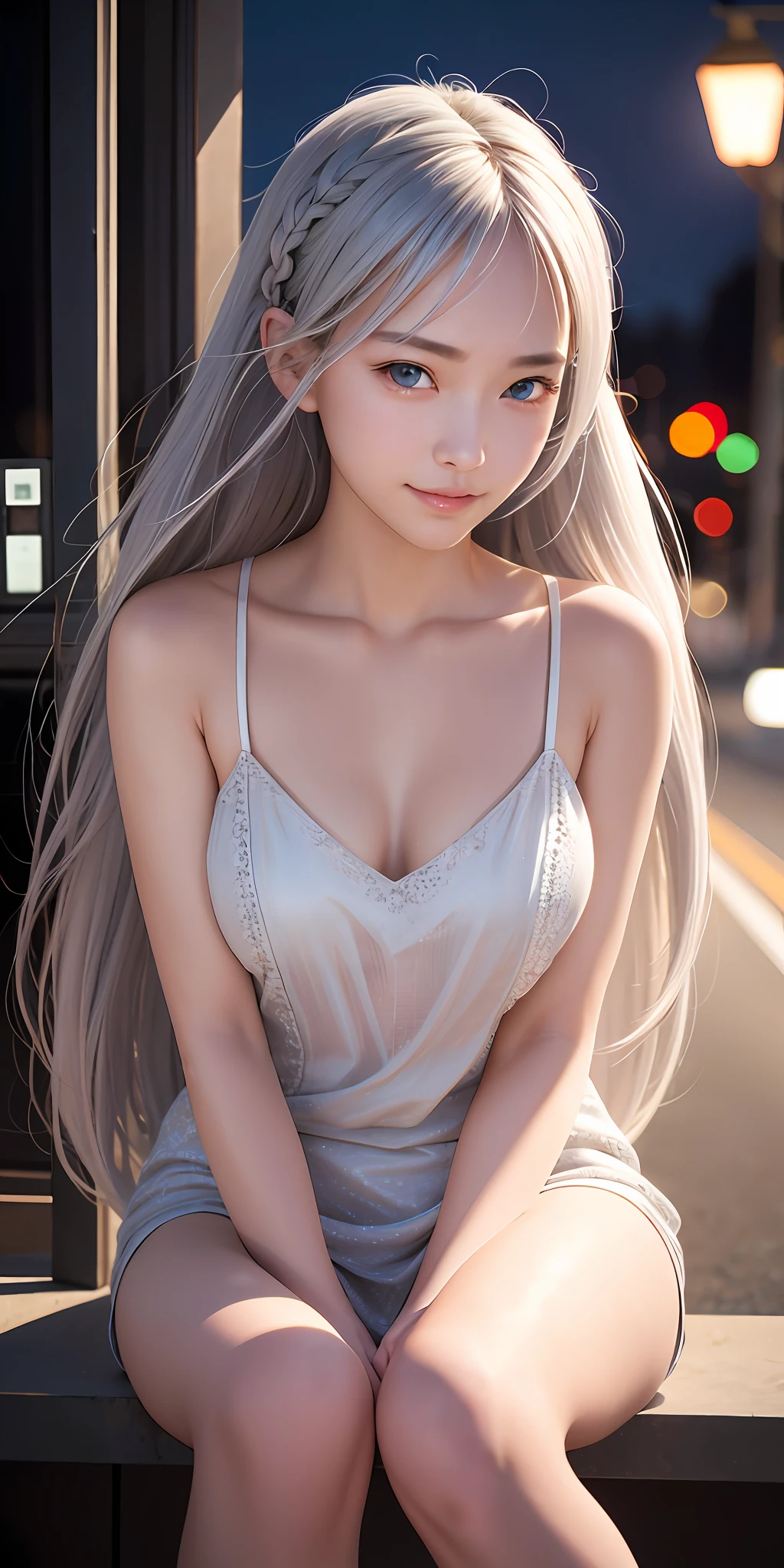 girl, medium, silver hair, random facial expression, random hairstyle(8k, best quality, masterpiece:1.2), (realistic, photorealistic:1.37), ultra detailed, one girl,cute,solo,beautiful detailed sky, detailed café,sitting,dating,(red nose),(smile:1.15),(closed mouth),film grain, fujifilm XT3,( ulzzang-6500:0.3),, Model shooting style, nsfw,beautiful detailed eyes,(Medium long hair: 1.2),Floating hair ,NovaFrogStyle, White skin,cinematic lights, night street, street light