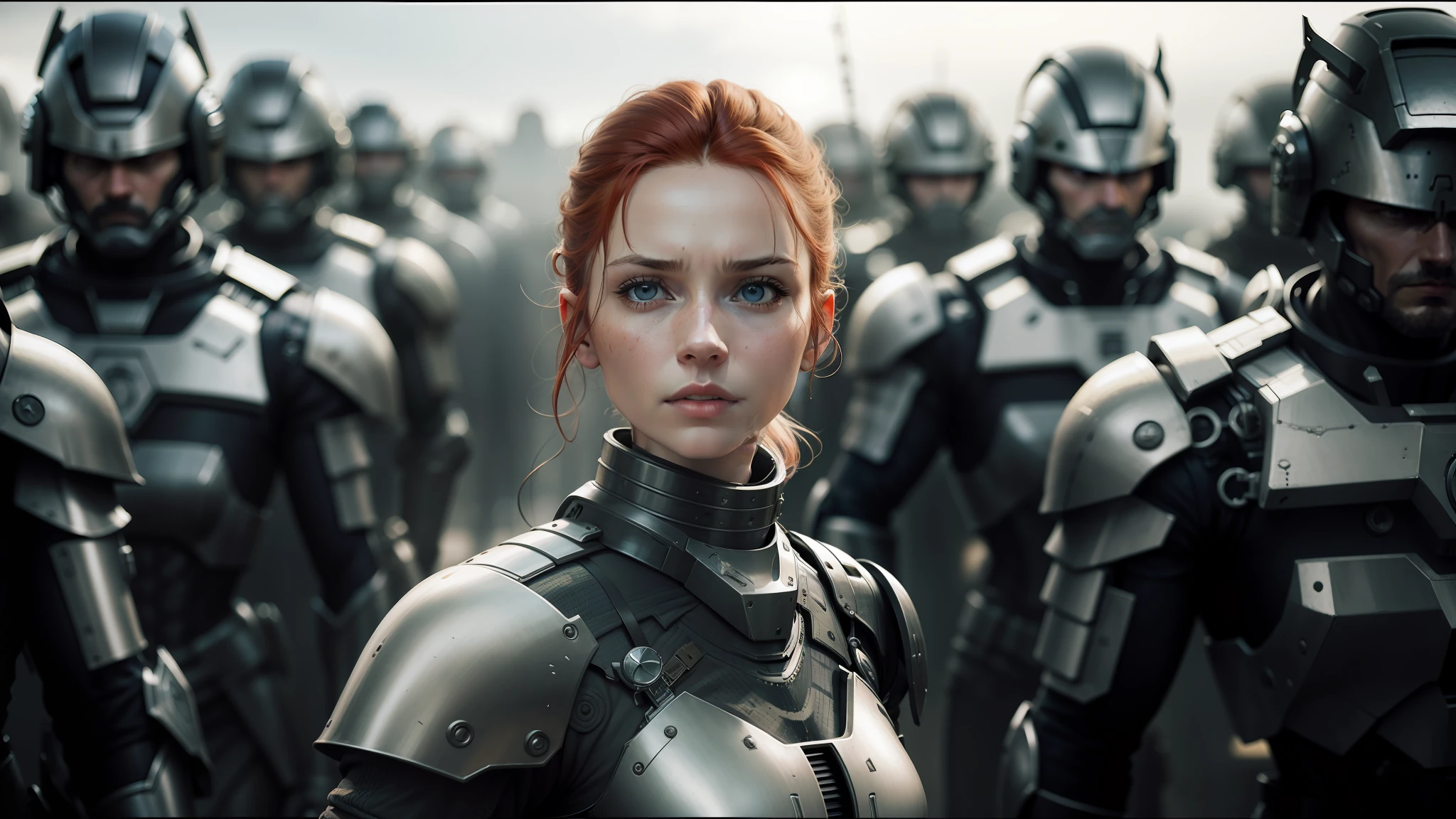 arafed woman in armor standing in front of a group of soldiers, ash thorp, redhead woman, award-winning cinematography, by Bruce Onobrakpeya, peter hurley, karl urban, portrait of a mechanical girl, dramatic film still, by Peter Madsen, promotional shot, filmstill, 3 0 0, spartan, freya, beutiful white girl cyborg