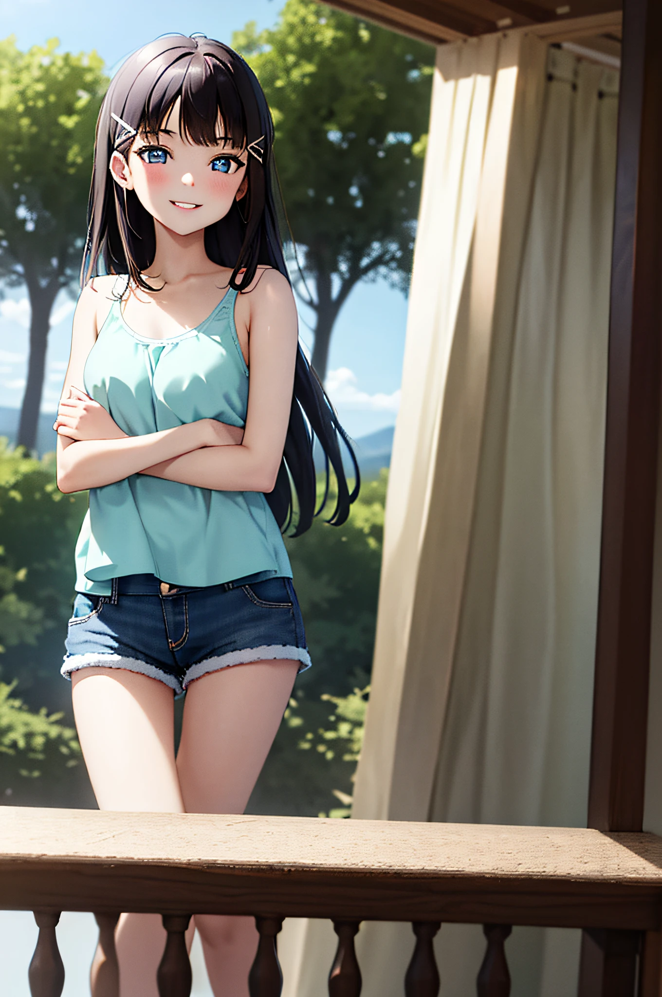 masterpiece, best quality, 1girl, middle hair, middle breasts, shorts, tank top, blue eyes, ribbon, hair clip, parted lips, smile, park, arms folded behind your back