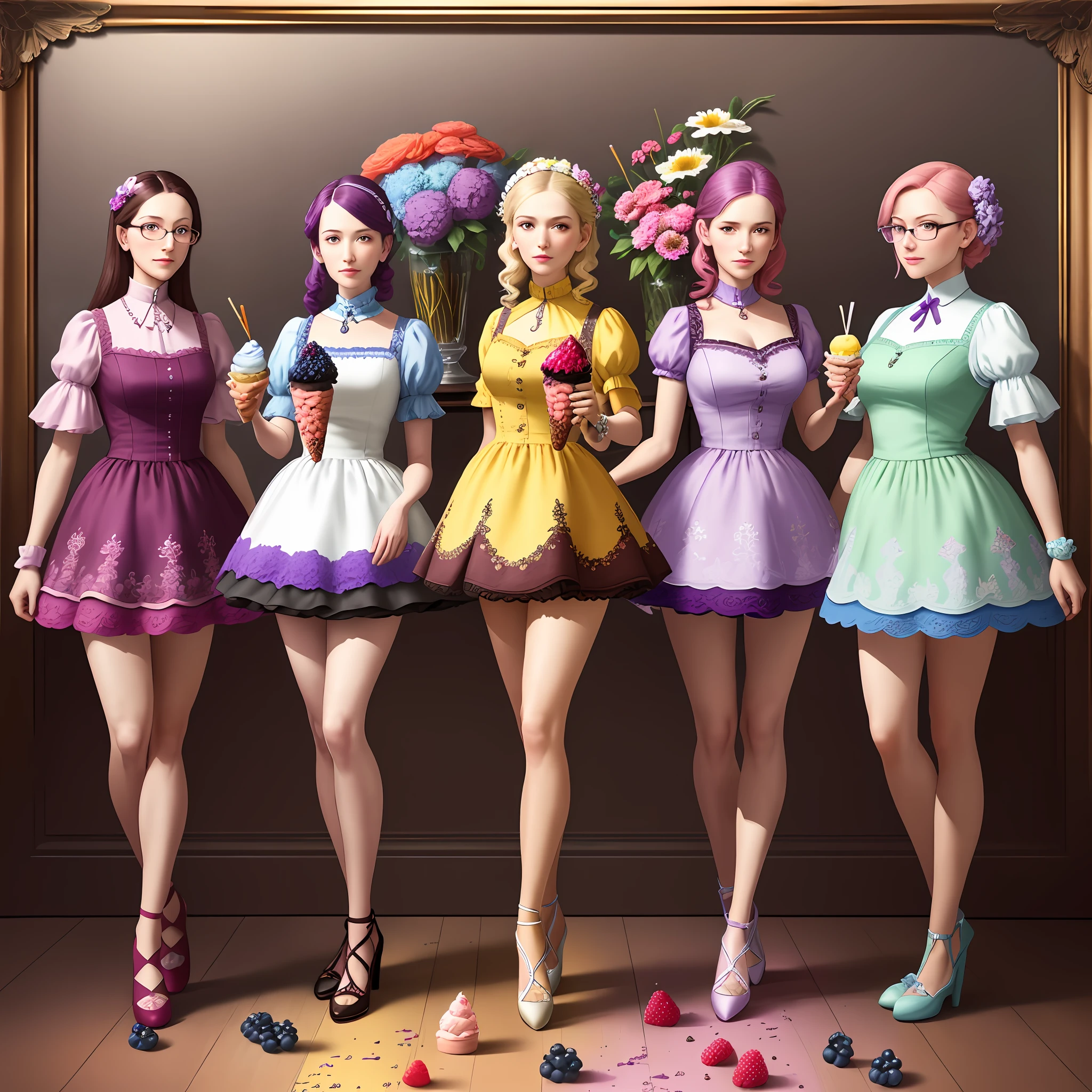 Colorful flowers on the table,
knickerbocker glory, tall and ultra-thin glasses, colorful ice cream, purple ice cream, raspberry, cooley, blueberry, chopped chocolate, powdered sugar, intricate, oil on canvas, masterpiece, expert, detail, 4K resolution, splash art, concept art, composition, framing, refined features,