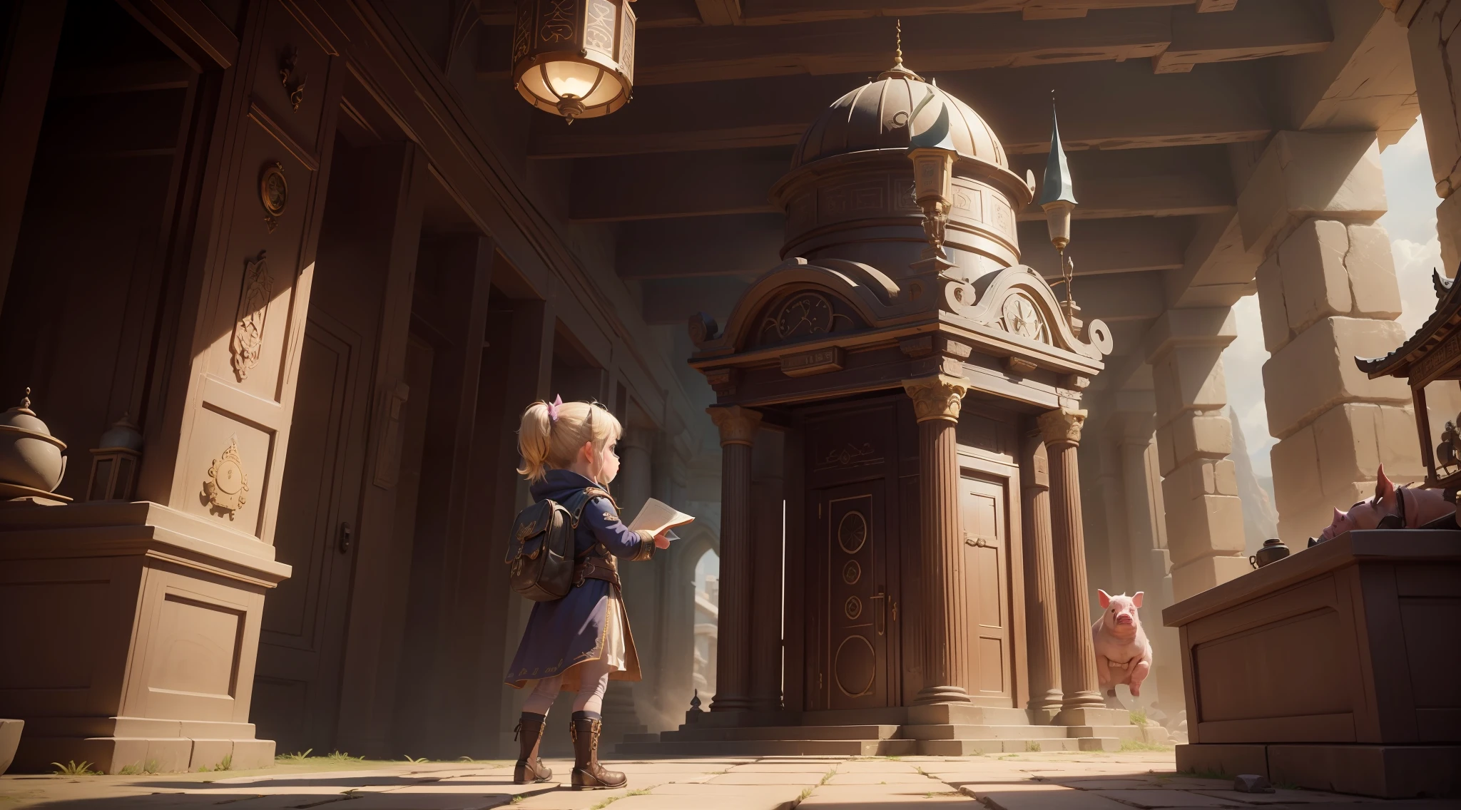 / Imagination Tips: Ancient Temple Cave, A Little Pig, A , Illustration of Standing in Front of a Time Machine, Time Machine: :15, Steampunk Piglet: :15, A Beautiful Little GirlPig Ears: :13, Time Machine Start: :10, Rule of Thirds Composition: :5, Medium and Long Shot: :10, Unreal Engine: :10, Beautiful Lights: :10, Dramatic Light: :8, Cinematic Light: :12, Fantasy::12, Super High Quality::5, Ancient Temple::10, Steampunk::13, Movie::6 --Seed 33434521--S 400 --Q 2--C 40, scene changed to cave