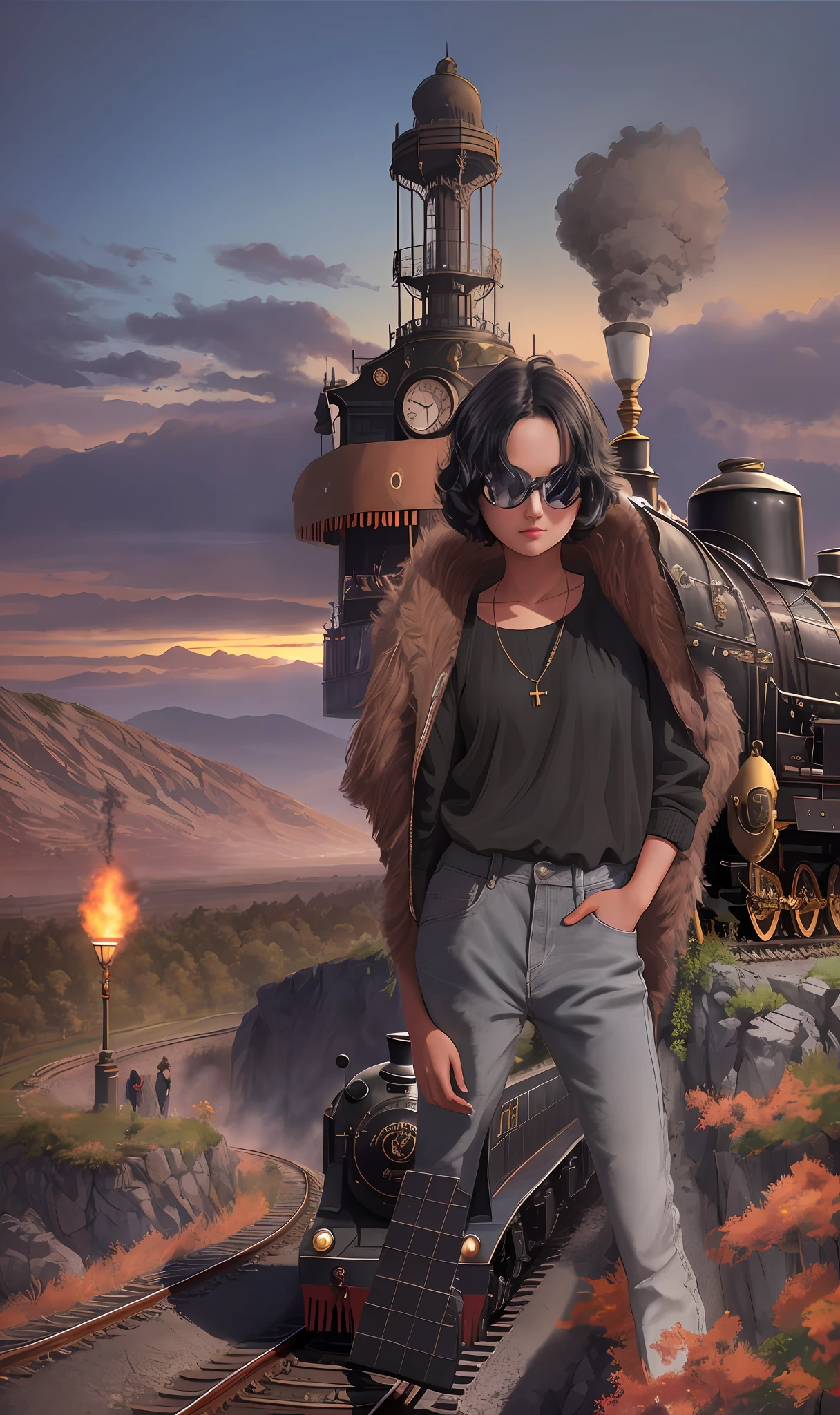 high resolution, masterpiece, Sarashin's hand, short hair, black hair, ((solo)), 1girl, cute, at the train station, black glasses