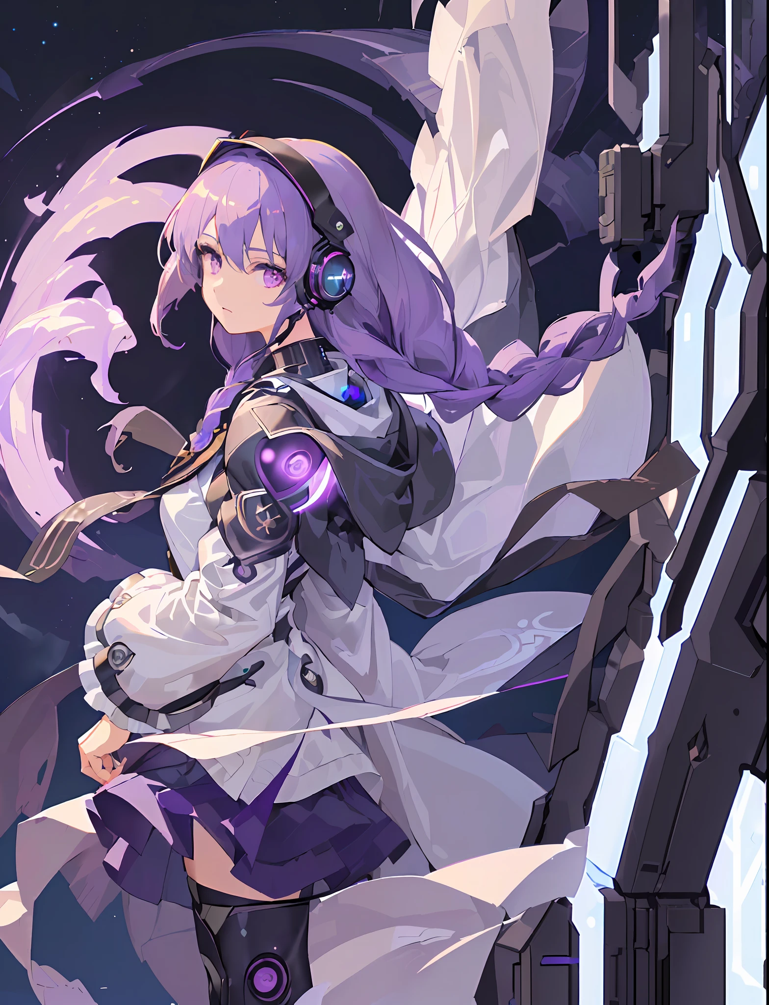 (((masterpiece,best quality,an extremely delicate and beautiful,illustration))), Inazuma symbol, electro symbols, 1 girl, Long braided hair, dark-purple hair, purple eyes,detailed face,(from side,medium long shot),1girl,lorra,  headphones,(((clouds:0.3),multiple_luna,(floating_fortress technology machinery),night sky background)),(cyberpunk_aerospace_helmet)