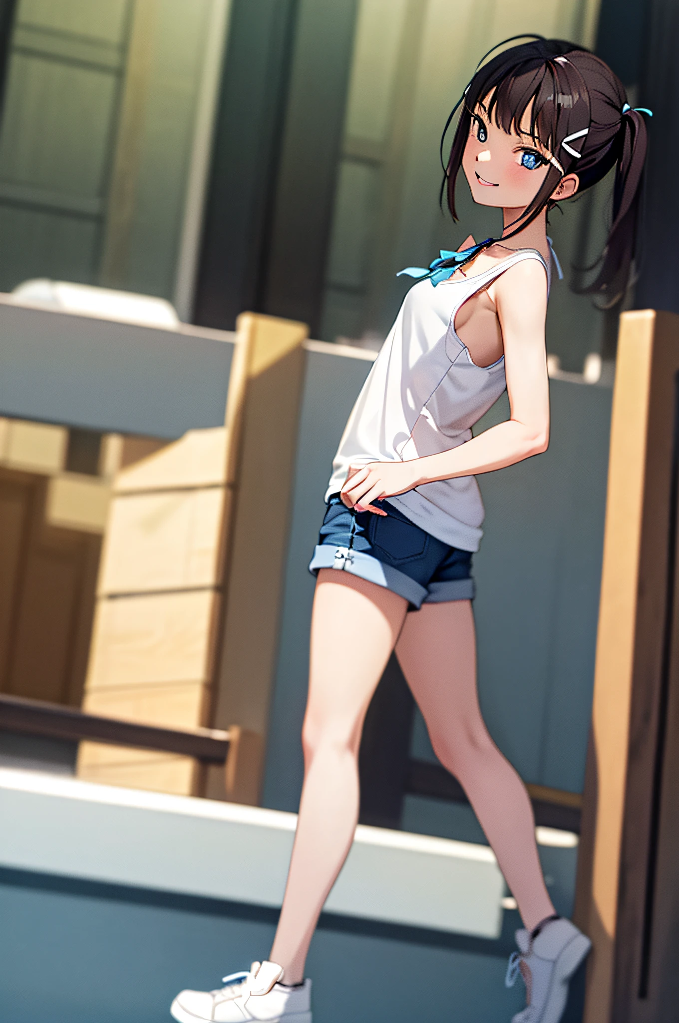 masterpiece, best quality, 1girl, middle hair, middle breasts, shorts, tank top, blue eyes, ribbon, hair clip, parted lips, smile, park, arms folded behind your back