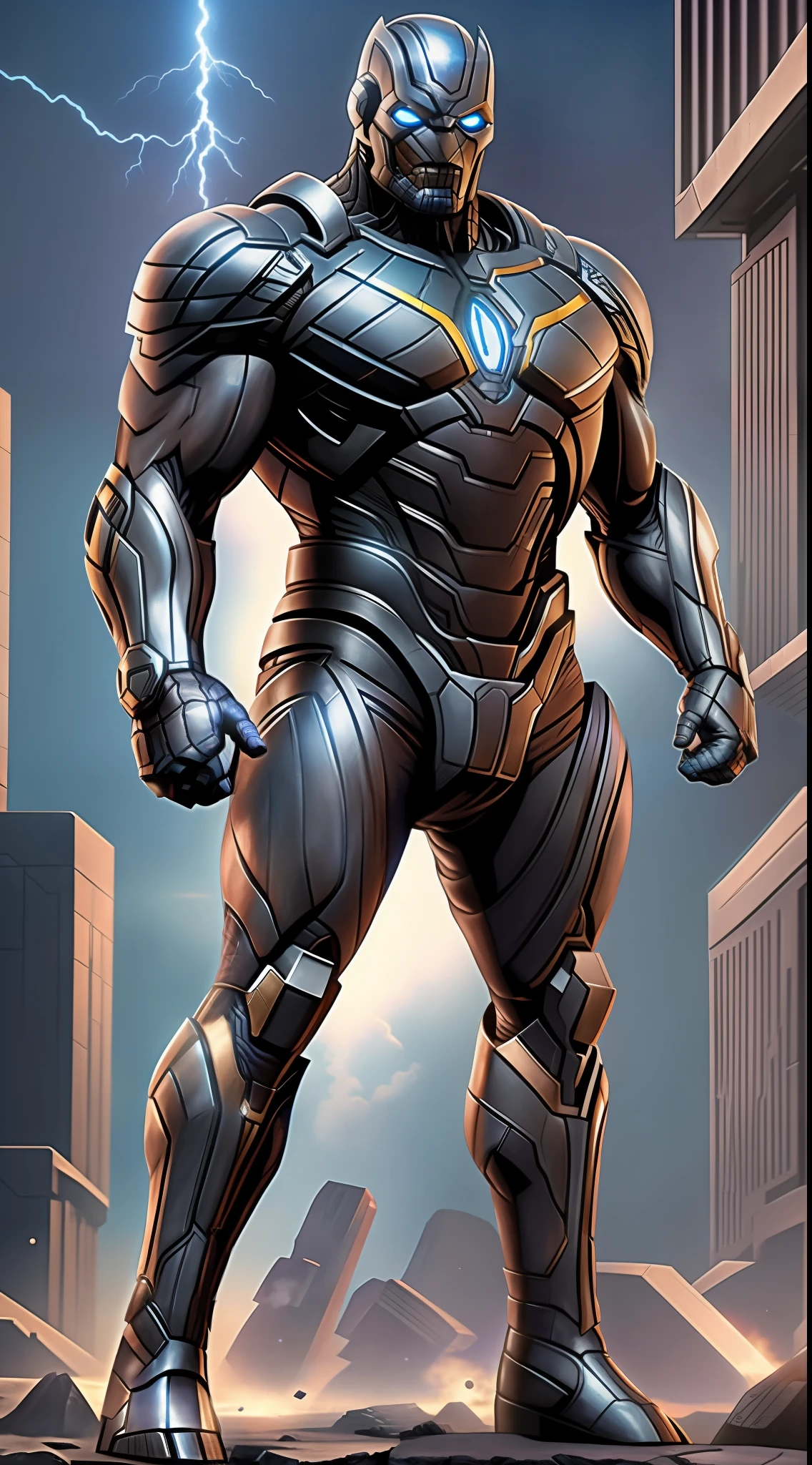 A boy, solo, Thanos, Darkseid, developed muscles, superhero, frontal, full-body, looking at the camera, facing the audience, standing pose, simple background, volumetric light, 8K, HD
