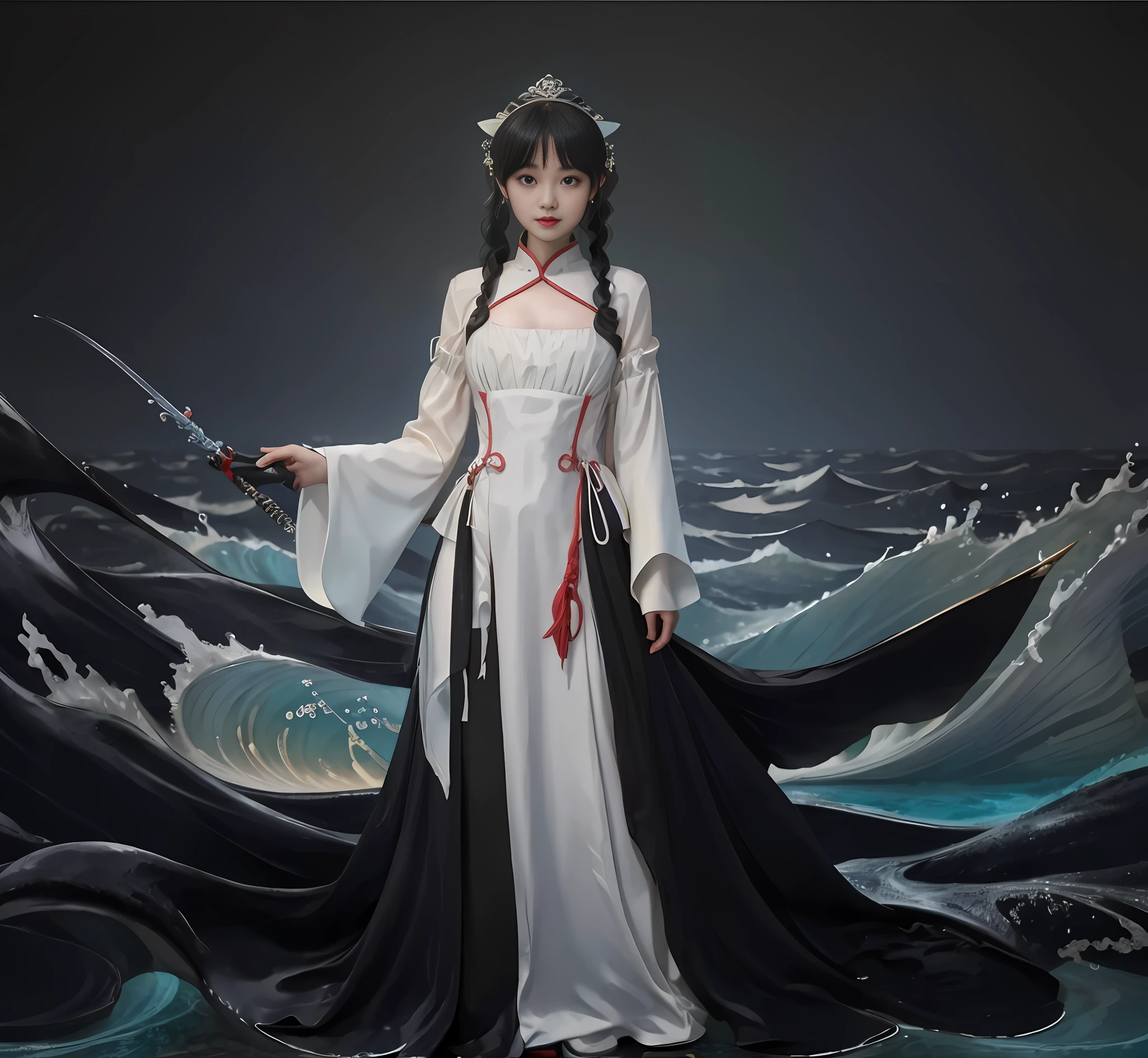 ((masterpiece)) Arad woman in fish sword costume - sea queen Mu Yanling, moon-themed clothing, the overall color is clear and dreamy, showing the beauty of Asian women's water elements combining tradition and modernity, emphasizing character modeling and detail portrayal, while with peacock mage-themed gorgeous costumes - Ju Lian, Ai Xuan and Puhua style elements, Zhou Fang's spiritual feelings, she holds a fish in her right hand, Carp, koi, fusing fantasy and martial arts, feel the beauty of the ocean, wearing black stockings, cleavage, big boobs, Shark with big mouth open seems to devour everything, shark shows fangs, background on the sea, sunny day, natural facial expression, 3d rendering, closer to reality, clothes integrated into Chinese style patterns, waves, real sea view, sunny weather, clothes add patterns