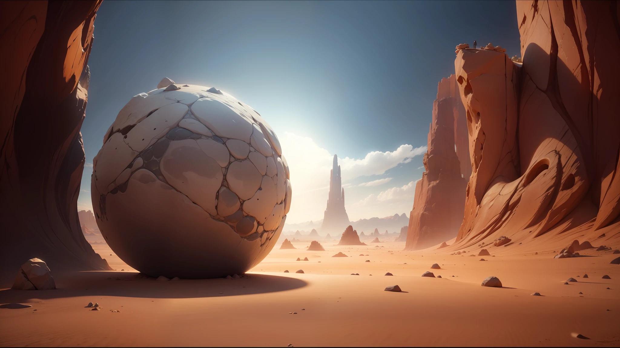 there is a large rock in the middle of a desert, behance contest winner, cgi 8k, dream portal, spheres, cymatics, inspired by Thomas Corsan Morton, from a 2 0 1 9 sci fi 8 k movie, the artist has used bright, style of titmouse animation, anamorphic widescreen, cute! c4d, trending on unreal engine