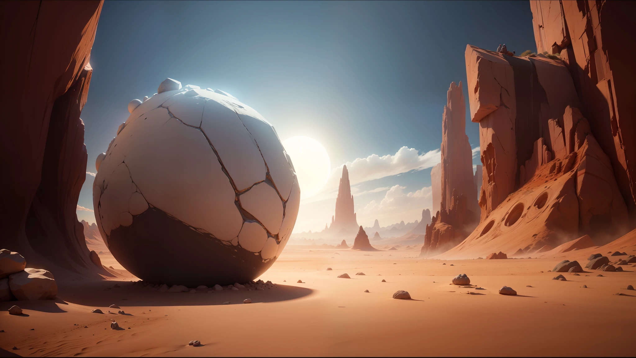 there is a large rock in the middle of a desert, behance contest winner, cgi 8k, dream portal, spheres, cymatics, inspired by Thomas Corsan Morton, from a 2 0 1 9 sci fi 8 k movie, the artist has used bright, style of titmouse animation, anamorphic widescreen, cute! c4d, trending on unreal engine