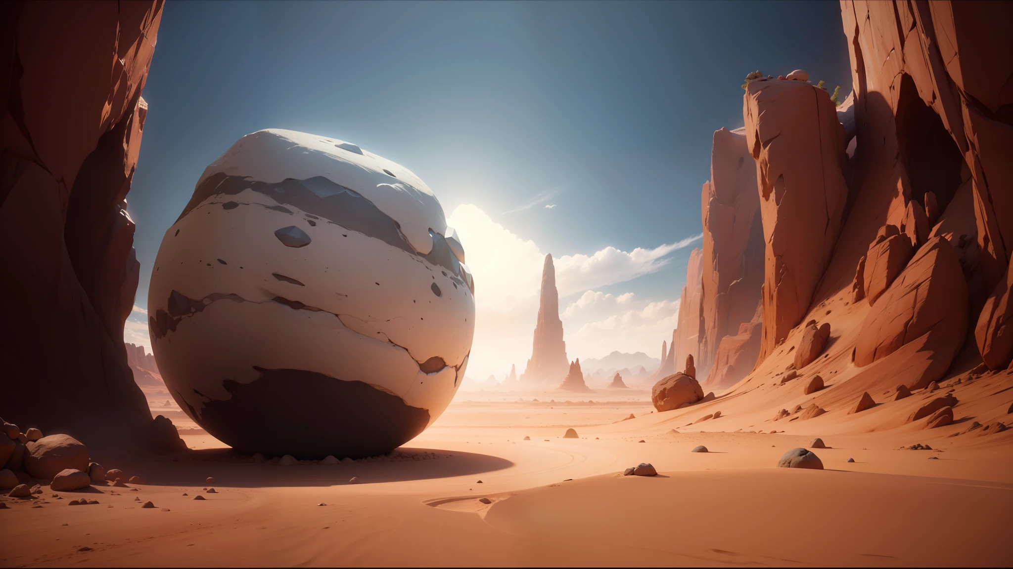 there is a large rock in the middle of a desert, behance contest winner, cgi 8k, dream portal, spheres, cymatics, inspired by Thomas Corsan Morton, from a 2 0 1 9 sci fi 8 k movie, the artist has used bright, style of titmouse animation, anamorphic widescreen, cute! c4d, trending on unreal engine