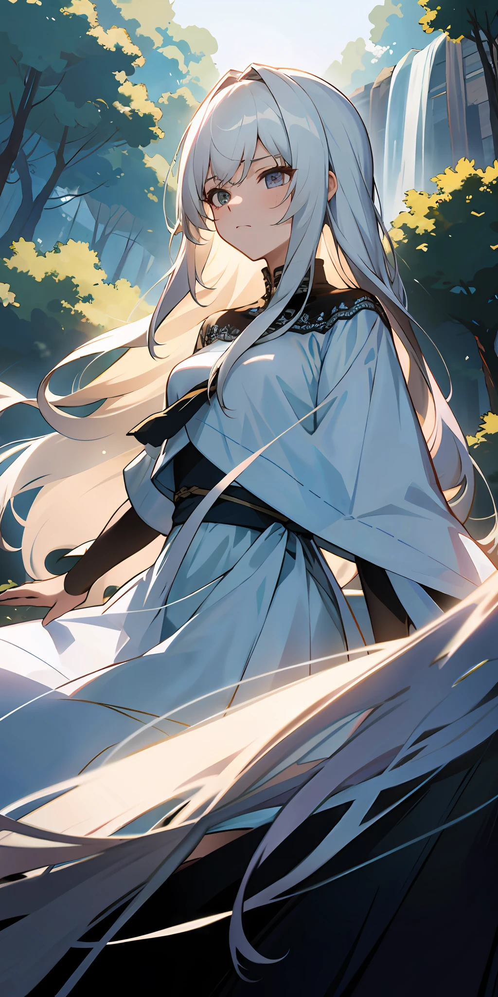 ((best quality)),(masterpiece),(best artist),(best lighting),(best quality),(best desinger),(best drawing),(anime girl),(best intensity),(amazing) landscape background), a girl (long white hair with bangs), wearing a white silk dress with long lace sleeves, waterfall background with a forest, incredible dark lighting with almost no light, highlighting the beautiful girl who is with an expression serious, showing her melancholy expression.