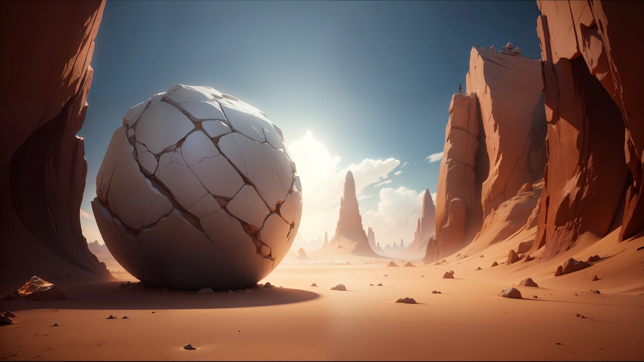 there is a large rock in the middle of a desert, behance contest winner, cgi 8k, dream portal, spheres, cymatics, inspired by Thomas Corsan Morton, from a 2 0 1 9 sci fi 8 k movie, the artist has used bright, style of titmouse animation, anamorphic widescreen, cute! c4d, trending on unreal engine